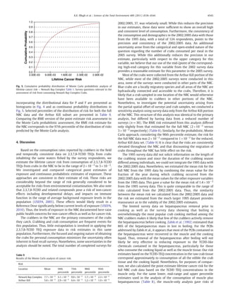 incorporating the distributional data for P and F are presented as
histograms in Fig. 4 and as continuous probability distributions in
Fig. 5. Selected percentiles of the distribution of risk for both the full
NBC data and the Arthur Kill subset are presented in Table 9.
Comparing the RME version of the point estimate risk assessment to
the Monte Carlo probabilistic assessment, the RME risk estimate for
the NBC corresponds to the 97th percentile of the distribution of risks
predicted by the Monte Carlo analysis.
4. Discussion
Based on the consumption rates reported by crabbers in the ﬁeld
and temporally consistent data on 2,3,7,8-TCDD TEQs from crabs
inhabiting the same waters ﬁshed by the survey respondents, we
estimate the lifetime cancer risk from consumption of 2,3,7,8-TCDD
TEQs from crabs in the NBC to be in the range of 2×10−3
to 3×10−2
.
We investigated and compared categorical point estimates of
exposure and continuous probabilistic estimates of exposure. These
approaches are consistent in their estimate of risk. These risks are
considerably beyond the range of risk generally considered to be
acceptable for risks from environmental contamination. We also note
that 2,3,7,8-TCDD and related compounds pose a risk of non-cancer
effects including developmental delays, and impacts on immune
function in the range of average background exposure levels in the
population (USEPA, 2003). These effects would likely result in a
Reference Dose signiﬁcantly below current levels of exposure (USEPA,
2010). Thus, the levels of exposure in the NBC documented here raise
public health concerns for non-cancer effects as well as for cancer risk.
The crabbers in the NBC are the primary consumers of the crabs
they catch. Crabbing and crab consumption are frequent events for
this population. Thus, little extrapolation is involved in applying the
2,3,7,8-TCDD TEQ exposure data to risk estimates in this same
population. Furthermore, the focused and ongoing nature of obtaining
the crabs for personal consumption minimizes the uncertainty often
inherent in food recall surveys. Nonetheless, some uncertainties in the
analysis should be noted. The total number of completed surveys for
2002/2005, 37, was relatively small. While this reduces the precision
in our estimates, these data were sufﬁcient to show an overall high
and consistent level of consumption. Furthermore, the consistency of
the consumption and demographics in the 2002/2005 data with those
from the 1995 data, with a total of 124 respondents, points to the
precision and consistency of the 2002/2005 data. An additional
uncertainty arose from the categorical and open-ended nature of the
question regarding the number of crabs consumed per meal in the
2005 survey. While this additionally reduces the precision in our
estimate, particularly with respect to the upper category for this
variable, we believe that our use of the mid-[pomt of the correspond-
ing high-end category for this variable from the 2002 survey data
provides a reasonable estimate for this parameter in the 2005 survey.
Most of the crabs were collected from the Arthur Kill portion of the
NBC, while most of the 2002/2005 surveys were conducted in this
area, some of the surveys were conducted in other parts of the NBC.
Blue crabs are a locally migratory species and all areas of the NBC are
hydraulically connected and accessible to the crabs. Therefore, it is
likely that a crab sampled in one location of the NBC would otherwise
have been available to crabbers in other portions of the NBC.
Nonetheless, to investigate the potential uncertainty arising from
the partial spatial offset of surveys and crab samples, we conducted a
sensitivity analysis using survey data only from the Arthur Kill portion
of the NBC. This structure of this analysis was identical to the primary
analysis, but differed by having data from a reduced number of
surveys (n=30). The RME risk estimated from this analysis differed
only slightly from that estimated for the full NBC (2×10−2
versus
3×10−2
respectively) (Table 8). Similarly, for the probabilistic, Monte
Carlo approach, considering the 90th percentile estimate, the risk for
the full NBC data was 2×10−2
compared to 1×10−2
for the reduced,
Arthur Kill data set. (Table 9) It is clear that the risks are consistently
elevated throughout the NBC and that discounting the migration of
crabs throughout the NBC has little effect on the risk.
The 1995 survey data did not solicit information on the length of
the crabbing season and since the duration of the crabbing season
differed among individuals, we could not integrate the 1995 data with
the 2002/2005 data. Nonetheless, we estimated the mean risk for the
full NBC from the 1995 data by combining the mean value for the
fraction of the year during which crabbing occurred from the
2002/2005 data with the mean values for the other exposure variables
from the 1995 data. This gave a value for the mean risk of 1.4×10−2
from the 1995 survey data. This is quite comparable to the range of
risks calculated from the 2002/2005 data. Thus, the similarity
between the mean risk we calculated from the 2002/2005 data and
the risk we estimated from the much larger 1995 dataset provides
reassurance as to the validity of the 2002/2005 estimates.
The limited survey data on hepatopancreas removal prior to
cooking as well as the survey data showing that boiling is
overwhelmingly the most popular crab cooking method among the
NBC crabbers makes it likely that few of the crabbers actively remove
the hepatopancreas before cooking. Zabik et al. (1992) estimated that
86% of the hepatopancreas mass in lost in boiling. For the PCBs
addressed by Zabik et al., it appears that most of the PCBs contained in
the hepatopancreas were recovered in the muscle and the cooking
liquid. Thus, removal of the hepatopancreas after boiling will not
likely be very effective in reducing exposure to the TCDD-like
chemicals contained in the hepatopancreas, particularly for those
who consume the cooking liquid as well as the muscle tissue. Our risk
estimates based on the TCDD-TEQ concentration in the raw crab tissue
correspond approximately to consumption of all the edible the crab
tissue and the cooking liquid. Nonetheless, for purposes of compar-
ison, we also calculated the point estimate lifetime cancer risk for the
full NBC crab data based on the TCDD TEQ concentrations in the
muscle only. For the same lower, mid-range and upper percentile
estimates used in the analysis of the consumption of muscle plus
hepatopancreas (Table 8), the muscle-only analysis gave risks of
0.0
0.1
0.2
0.3
0.4
0.5
0.6
0.7
0.8
0.9
1.0
2.00E-03 9.00E-03 1.60E-02 2.30E-02 2.90E-02
Lifetime Cancer Risk
CumulativeProbability
Fig. 5. Cumulative probability distribution of Monte Carlo probabilistic analysis of
lifetime cancer risk — Newark Bay Complex Table 1. Survey questions relevant to the
assessment of risk from consuming Newark Bay Complex Crabs.
Table 9
Results of the Monte Carlo analysis of cancer risk.
Risk
Location Mean 50th
percentile
75th
percentile
90th
percentile
95th
percentile
Newark Bay Complex 7.7×10−3
5.1×10−3
9.9×10−3
1.7×10−2
2.3×10−2
Arthur Kill 5.6×10−3
2.9×10−3
6.4×10−3
1.2×10−2
1.9×10−2
4543K.K. Pﬂugh et al. / Science of the Total Environment 409 (2011) 4536–4544
 