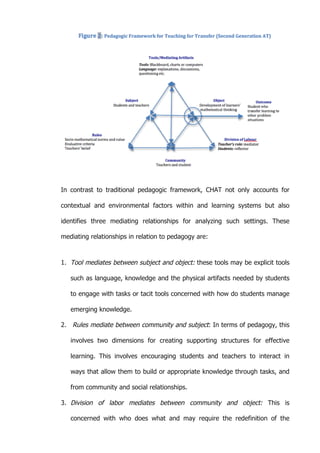   55	
  
In contrast to traditional pedagogic framework, CHAT not only accounts for
contextual and environmental factors within and learning systems but also
identifies three mediating relationships for analyzing such settings. These
mediating relationships in relation to pedagogy are:
1. Tool mediates between subject and object: these tools may be explicit tools
such as language, knowledge and the physical artifacts needed by students
to engage with tasks or tacit tools concerned with how do students manage
emerging knowledge.
2. Rules mediate between community and subject: In terms of pedagogy, this
involves two dimensions for creating supporting structures for effective
learning. This involves encouraging students and teachers to interact in
ways that allow them to build or appropriate knowledge through tasks, and
from community and social relationships.
3. Division of labor mediates between community and object: This is
concerned with who does what and may require the redefinition of the
 