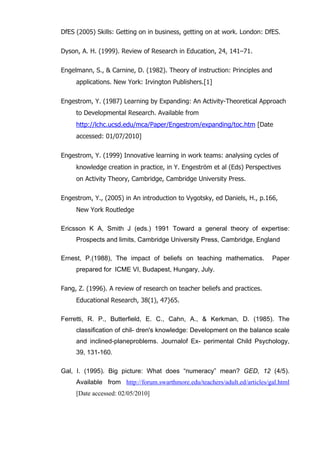   63	
  
DfES (2005) Skills: Getting on in business, getting on at work. London: DfES.
Dyson, A. H. (1999). Review of Research in Education, 24, 141–71.
Engelmann, S., & Carnine, D. (1982). Theory of instruction: Principles and
applications. New York: Irvington Publishers.[1]
Engestrom, Y. (1987) Learning by Expanding: An Activity-Theoretical Approach
to Developmental Research. Available from
http://lchc.ucsd.edu/mca/Paper/Engestrom/expanding/toc.htm [Date
accessed: 01/07/2010]
Engestrom, Y. (1999) Innovative learning in work teams: analysing cycles of
knowledge creation in practice, in Y. Engeström et al (Eds) Perspectives
on Activity Theory, Cambridge, Cambridge University Press.
Engestrom, Y., (2005) in An introduction to Vygotsky, ed Daniels, H., p.166,
New York Routledge
Ericsson K A, Smith J (eds.) 1991 Toward a general theory of expertise:
Prospects and limits, Cambridge University Press, Cambridge, England
Ernest, P.(1988), The impact of beliefs on teaching mathematics. Paper
prepared for ICME VI, Budapest, Hungary, July.
Fang, Z. (1996). A review of research on teacher beliefs and practices.
Educational Research, 38(1), 47}65.
Ferretti, R. P., Butterfield, E. C., Cahn, A., & Kerkman, D. (1985). The
classification of chil- dren's knowledge: Development on the balance scale
and inclined-planeproblems. Journalof Ex- perimental Child Psychology,
39, 131-160.
Gal, I. (1995). Big picture: What does “numeracy” mean? GED, 12 (4/5).
Available from http://forum.swarthmore.edu/teachers/adult.ed/articles/gal.html
[Date accessed: 02/05/2010]
 