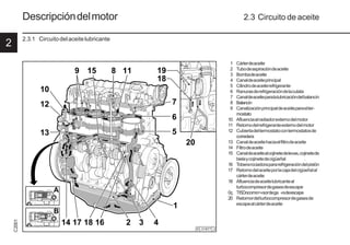 2
C
2001
20 9931es
© 31877 2
Descripcióndelmotor 2.3 Circuito de aceite
2.3.1 Circuitodelaceitelubricante
1 Cárterdeaceite
2 Tubodeaspiracióndeaceite
3 Bombadeaceite
4 Canaldeaceiteprincipal
5 Cilindrodeaceiterefrigerante
6 Ranurasderefrigeracióndelaculata
7 Canaldeaceiteparalalubricacióndelbalancín
8 Balancín
9 Canalizaciónprincipaldeaceiteparaelter-
mostato
10 Afluenciaalradiadorexternodelmotor
11 Retornodelrefrigeranteexternodelmotor
12 Cubiertadeltermostatocontermostatosde
corredera
13 Canaldeaceitehaciaelfiltrodeaceite
14 Filtrodeaceite
15 Canaldeaceitealcojinetedelevas,cojinetede
bielaycojinetedecigüeñal .
16 Toberarociadorapararefrigeracióndelpistón
17 Retornodelaceiteporlacajadelcigüeñalal
cárterdeaceite
18 Afluenciadeaceitelubricanteal
turbocompresordegasesdeescape
0ç Tt5Docomo>«sordega «sdeescape
20 Retornordelturbocompresordegasesde
escapealcárterdeaceite
 