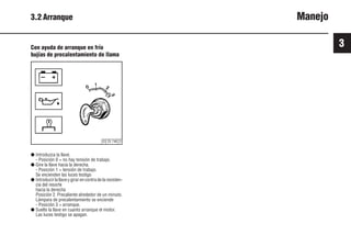 3
29 9931es
© 25 746 2
3.2 Arranque Manejo
Con ayuda de arranque en frío
bujías de precalentamiento de llama
● Introduzca la llave.
- Posición 0 = no hay tensión de trabajo.
● Gire la llave hacia la derecha.
- Posición 1 = tensión de trabajo.
Se encienden las luces testigo
● Introducirlallaveygirarencontradelaresisten-
cia del resorte
hacia la derecha
Posición 2. Precaliente alrededor de un minuto.
Lámpara de precalentamiento se enciende
- Posición 3 = arranque.
● Suelte la llave en cuanto arranque el motor.
Las luces testigo se apagan.
 