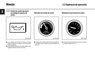3
30 9931es
© 25 754 0
© 25 753 0
© 25 752 1
Manejo 3.3 Vigilancia de operación
3.3.1 Presión de aceite del motor
Luz testigo de presión de
aceite
● La luz testigo de presión de aceite se ilumina
cuando la tensión de trabajo y el motor parado
están encendidos.
● La luz testigo de presión de aceite deberá estar
apagada mientras el motor funciona.
Indicador de presión de aceite
● La aguja del indicador debe encontrarse dentro
del sector verde durante la gama completa de
servicio.
Manómetro para presión de aceite
● La aguja del manómetro debe indicar la presión
mínima de aceite (ver 9.1).
 