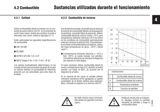 4
C
2000
37 9931es
0 10 20 30 40 50 60 %
0
- 5
- 10
- 15
- 20
- 25
- 30
+32
+23
+14
+ 5
- 4
- 13
- 22
B
A
°F °C
26441 1
I
II
! !
© 26 441 1
4.2 Combustible Sustancias utilizadas durante el funcionamiento
4.2.1 Calidad
Utilice combustibles diesel corrientes con un con-
tenido de azufre inferior al 0,5%. Si el contenido de
azufre fuera mayor, tendrá que cambiar el aceite a
intervalos más cortos (véase el apartado 6.1.1).
Están autorizadas las siguientes especificaciones
de combustible:
● DIN EN 590
● BS 2869
● ASTM D 975-96; 1-D y 2-D
● NATO Código F-54 / F-34 / F-44 y XF 63
Los valores eventualmente determinados en las
pruebas de tipo para emisiones de gases de escape
se refieren siempre al combustible de referencia
prescrito por las autoridades para esta clase de
pruebas.
4.2.2 Combustible de invierno
Contemperaturasbajas,esposiblequeseobstruya
el sistema de combustible debido a la disgregación
de parafinas, causando fallos de operación. Utilizar
combustible diesel de invierno (hasta –15°C) para
temperaturas ambiente inferiores a 0°C (se ofrece
en los surtidores de combustible oportunamente
antes de comenzar la estación fría). Frecuentemen-
teseofrececombustibledieselconaditivos,utiliza-
ble hasta temperaturas de aprox. –20°C (”diesel
super”)
● A temperaturas ambiente inferiores a –15°C o
bien –20°C, se puede mezclar con petróleo.
Consultelasrelacionesdemezclaeneldiagrama
que aparece en esta página.
Si fuese necesario utilizar combustible diesel de
verano a temperaturas bajo 0 ºC, también se podrá
mezclar con hasta un 60%, de acuerdo con el
diagrama de al lado).
En la mayoría de los casos es posible obtener
suficiente resistencia al frío agregando un agente
aumentador de la fluidez (aditivo para combusti-
bles). Consulte al respecto a su Servicio DEUTZ
No debe mezcla nunca combusti-
bles diesel con gasolina (normal o
súper).
Explicaciones:
I Combustible diesel de verano
II Combustible diesel de invierno
A Tamperatura ambiente
B Fracción de petróleo
Realice la mezcla sólo en el depósi-
to. Agregue primero la cantidad
necesaria de petróleo y luego el
combustible diesel.
 