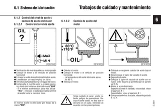 6
C
2001
51 9931es
6.1.2 Control del nivel de aceite /
cambio de aceite del motor
6.1.2.1 Control del nivel de aceite
6.1.2.2 Cambio de aceite del
motor
● Calentar el motor
● Coloque el motor o el vehículo en posición
horizontal.
- La temperatura del aceite lubricante aprox.
los 80 ºC.
● Detenga el motor.
● Verificación del nivel de aceite con motor parado
● Coloque el motor o el vehículo en posición
horizontal.
● Extraiga la varilla de medición del nivel de aceite.
● Límpiela con un trapo limpio y sin fibras.
● Introdúzcala hasta el tope y extráigala de nuevo.
● Compruebe el nivel de aceite y, en caso necesa-
rio,añadamáshastaquealcancelamarca"MAX".
- Si el nivel de aceite está un poco más allá de
“Min”- entonces se deberá completar el nivel
de aceite hasta la marca de trazo.
Tenga cuidado al vaciar aceite ca-
liente: peligro de quemaduras. Re-
coja el aceite usado, no deje que se
derrame en el suelo. Elimínelo de
acuerdo con las prescripciones.
!
● Coloque un recipiente colector de aceite bajo el
motor.
● Desenrosque el tapón de vaciado de aceite.
● Deje salir el aceite.
● Coloque el tapón de vaciado de aceite con un
nuevo anillo de junta y apriételo (par de apriete
ver 9.2).
● Añada el aceite lubricante.
Especificaciones de calidad y viscosidad, véase
el apartado 4.1.
Capacidades, véase el apartado 9.1.
● Compruebe el nivel de aceite, véase el apartado
6.1.2.1.
6.1 Sistema de lubricación Trabajos de cuidado y mantenimiento
© 25 729 0 © 26 022 0 © 26 023 0
El nivel de aceite no debe estar por debajo de la
marca "MIN".
 