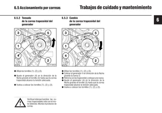 6
61 9931es
6.5.2 Tensado
de la correa trapezoidal del
generador
● Afloje los tornillos (1), (2) y (3).
● Ajuste el generador (4) en la dirección de la
flecha girando el tornillo (3) hasta que la correa
trapezoidal alcance la tensión adecuada.
● Vuelva a colocar los tornillos (1), (2) y (3).
Verificar/retensar/cambiar las co-
rreas trapezoidales sólo con el mo-
tordetenido.Montarelprotectorde
correa.
6.5.3 Cambio
de la correa trapezoidal del
generador
● Afloje los tornillos (1), (2) y (3).
● Colocar el generador 4 en dirección de la flecha
girando la tuerca 3.
● Retire la correa trapezoidal y coloque una nueva.
● Ajuste el generador (4) en la dirección de la
flecha girando el tornillo (3) hasta que la correa
trapezoidal alcance la tensión adecuada.
● Vuelva a colocar los tornillos (1), (2) y (3).
!
© 31 860 0
© 31 859 0
6.5 Accionamiento por correas Trabajos de cuidado y mantenimiento
5
3
2
1
4
5
3
2
1
4
 