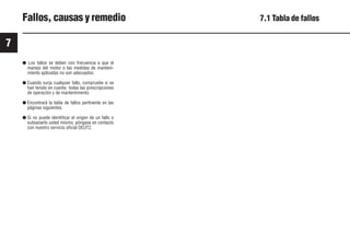 7
70
9931es
● Los fallos se deben con frecuencia a que el
manejo del motor o las medidas de manteni-
miento aplicadas no son adecuados.
● Cuando surja cualquier fallo, compruebe si se
han tenido en cuenta todas las prescripciones
de operación y de mantenimiento.
● Encontrará la tabla de fallos pertinente en las
páginas siguientes.
● Si no puede identificar el origen de un fallo o
subsanarlo usted mismo, póngase en contacto
con nuestro servicio oficial DEUTZ.
Fallos, causas y remedio 7.1 Tabla de fallos
 
