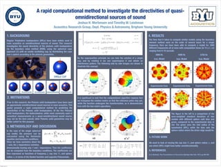 A rapid computational method to investigate the directivities of quasi-
omnidirectional sources of sound
Jeshua H. Mortensen and Timothy W. Leishman
Acoustics Research Group, Dept. Physics & Astronomy, Brigham Young University
1. BACKGROUND
Regular Polyhedron loudspeakers (RPLs) have been widely used in
room acoustics as omnidirectional sources of sound. This research
investigates the sound directivity of the platonic solid loudspeakers
via the boundary value method (BVM), using the spherical caps
approach [1] with an axially oscillating cap, by distributing the caps
over a sphere according to the platonic geometries.
3. METHODOLOGY AND DISCUSSION
4. RESULTS
5. FUTURE WORK
6. REFERENCES
2. MOTIVATIONS
BRIEF ARTICLE
THE AUTHOR
(1)
Vm =
8
>>>>>>>>><
>>>>>>>>>:
u0
4 sin2
(✓0) , m = 0
u0
2 1 cos3 (✓0) , m = 1
u0
2
h⇣
m
2m 1
⌘
Pm 2 (cos ✓0)
⇣
2m+1
4M2+4m 3
⌘
Pm (cos ✓0)
⇣
m+1
2m+3
⌘
Pm+2 (cos ✓0)
i
, m = 2, 3, 4 · · ·
9
>>>>>>>>>=
>>>>>>>>>;
(2) Am (r) =
⇢
⇢0c(2m+1)h
(2)
m 1(kr)
i
h
mh
(2)
m 1(ka) (m+1)h
(2)
m 1(ka)
i
(3) k =
2⇡f
c
(4) bp (r, ✓) =
1X
m=0
WmPm (cos ✓)
(5) Wm = VmAm (r)
Prior to this research, the Platonic solid loudspeakers have been used
as approximate omnidirectional sound sources in room acoustics. This
poster presents a rapid computational method for predicting the
directivities of the Platonic solid loudspeakers. Of the ﬁve Platonic
solid loudspeakers, the dodecahedron, while most commonly used in
acoustical measurements as a quasi-omnidirectional sound source,
may not be the best overall; other Platonic solid geometries may be
better suited for this purpose.
In the case of the single spherical
cap model, the pressure can be
calculated using the Helmholtz
equation and boundary conditions.
Since we have symmetry about the
z-axis, the ϕ dependance vanishes,
dimensionally leaving only θ and r dependance. Then the coefﬁcients
can be computed from the boundary conditions. The coefﬁcients are
then expressed as functions of frequency f, cap size θ0, and sphere
radius a, in terms of the Hankel function and Legendre Polynomials.
By the superposition principle we can take the solution of a single
cap, and by rotating it we can superimpose it and obtain an
interference pattern. The following side by side images are shown to
illustrate this concept.
It is signiﬁcant to note that the computational algorithm requires that
we transpose the rotation matrix so that the reference poles stay put,
while the function undergoes the transformation, as is demonstrated
here with the two matrix operations.
The time that it takes to compute similar models using the boundary
element method were on the order of several hours for a single
frequency. Here we have been able to compute a model for 1600
different frequencies all at once with computation times (in MATLAB)
ranging from 6-10 seconds.
Icos. Model
4000 Hz 5750 Hz
Experimental Data
3000 Hz
Icos. Model Icos. Model
Experimental Data Experimental Data
The ﬁgure to the left is a comparison of the
area-weighted standard deviation of two
models with different sphere radii blue and
green, compared to the experimental data in
red. The green uses the mid radius of the
icosahedral (RPL), while the blue sets the
sphere radius where the driver edge would be.
We want to look at varying the cap size θ0, and sphere radius a, and
see which (RPL) might have better omnidirectionality.
[1] E. Skudrzyk, The Foundations of Acoustics (Springer, New York, 1971), pp 399-400
SINGLE CAP
TETRAHEDRON HEXAHEDRON OCTAHEDRON DODECAHEDRON ICOSAHEDRON
Thursday, June 25, 15
 