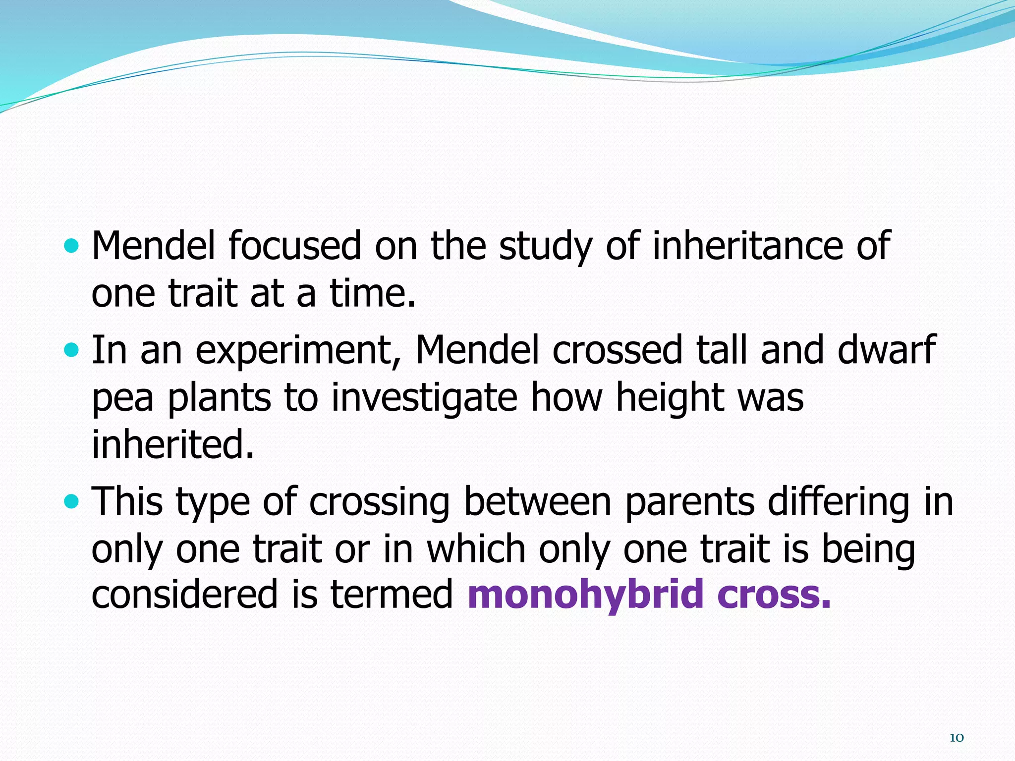  Mendel focused on the study of inheritance of
one trait at a time.
 In an experiment, Mendel crossed tall and dwarf
pea plants to investigate how height was
inherited.
 This type of crossing between parents differing in
only one trait or in which only one trait is being
considered is termed monohybrid cross.
10
 