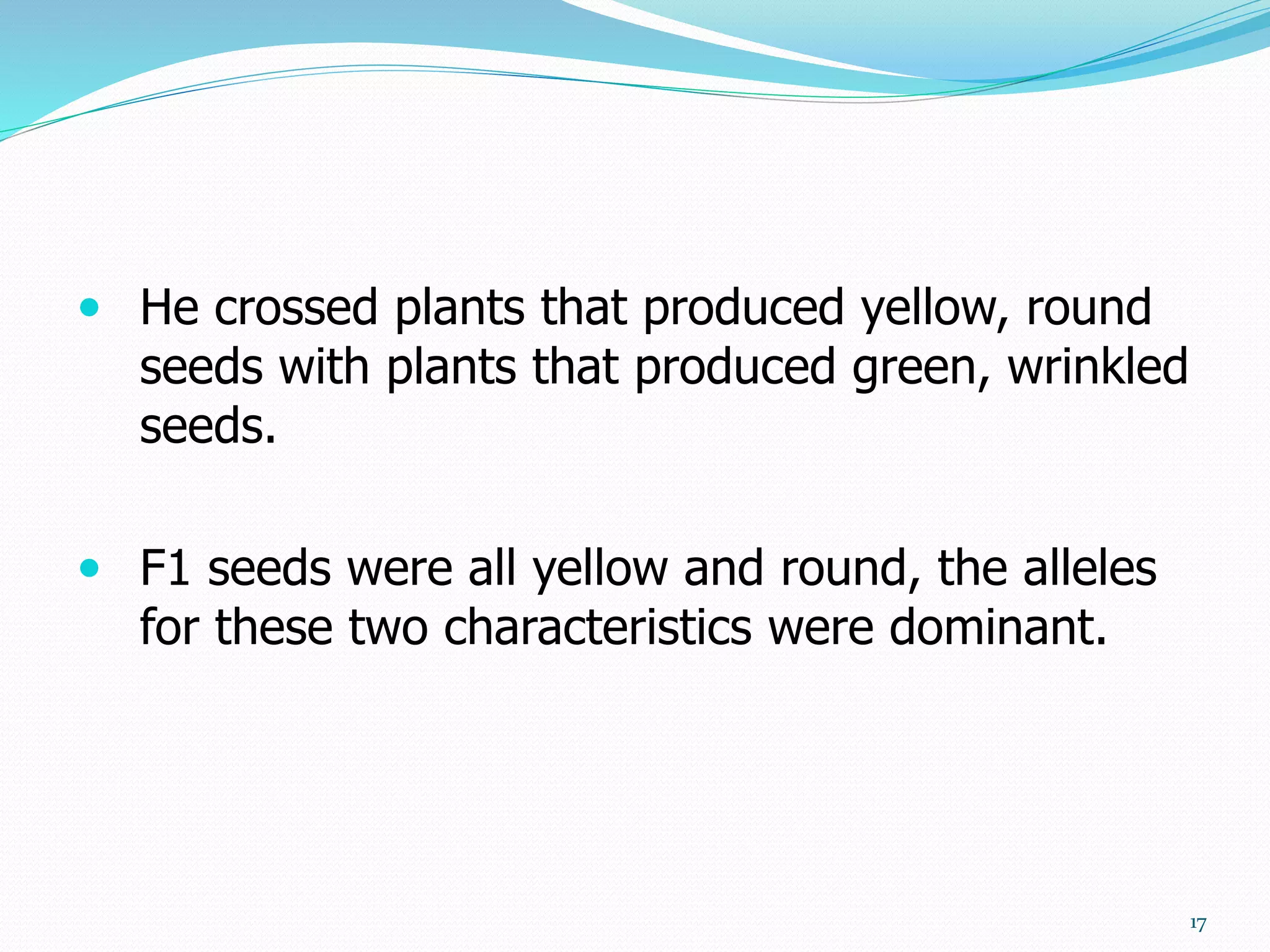  He crossed plants that produced yellow, round
seeds with plants that produced green, wrinkled
seeds.
 F1 seeds were all yellow and round, the alleles
for these two characteristics were dominant.
17
 