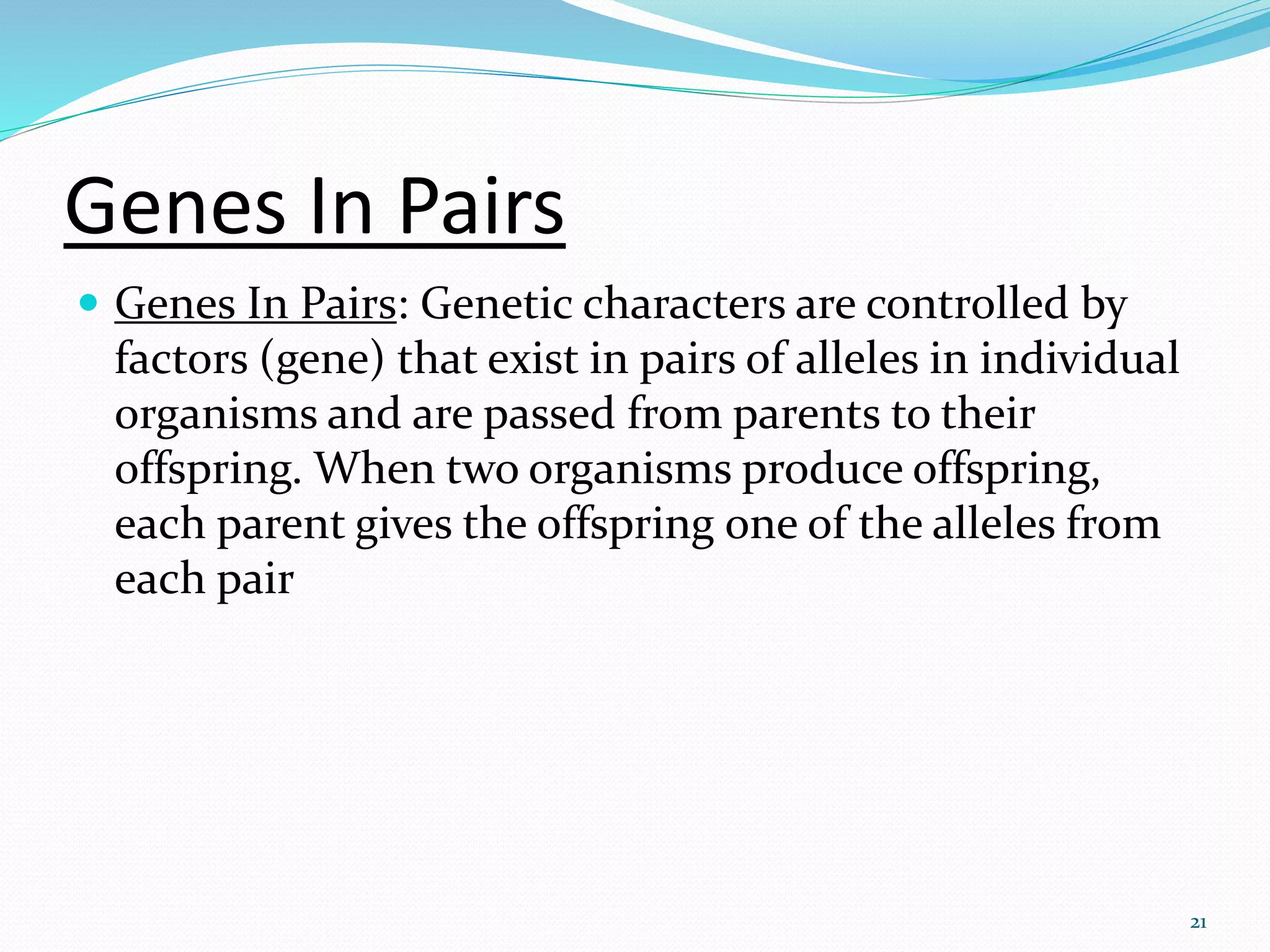 Genes In Pairs
 Genes In Pairs: Genetic characters are controlled by
factors (gene) that exist in pairs of alleles in individual
organisms and are passed from parents to their
offspring. When two organisms produce offspring,
each parent gives the offspring one of the alleles from
each pair
21
 