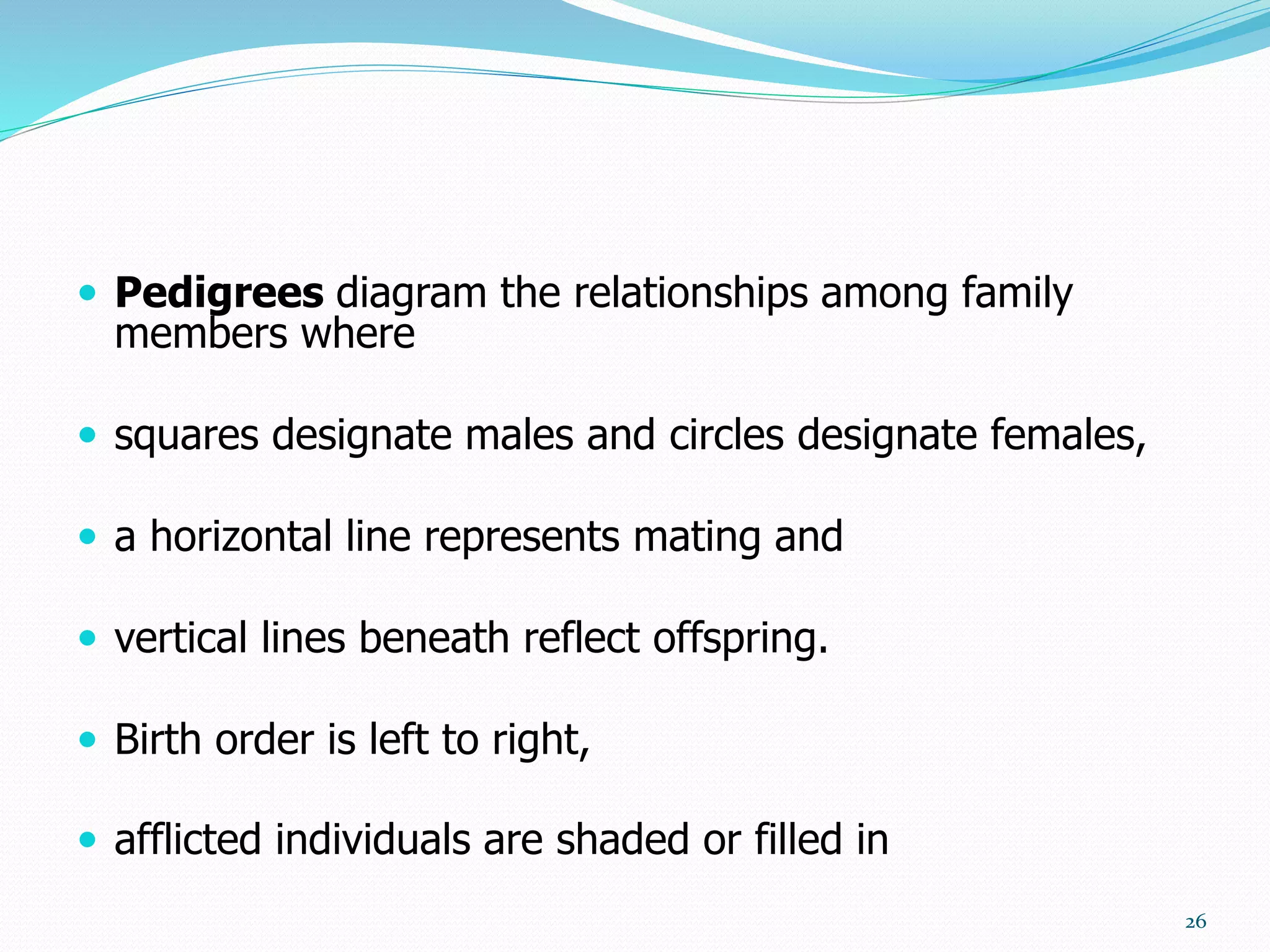  Pedigrees diagram the relationships among family
members where
 squares designate males and circles designate females,
 a horizontal line represents mating and
 vertical lines beneath reflect offspring.
 Birth order is left to right,
 afflicted individuals are shaded or filled in
26
 