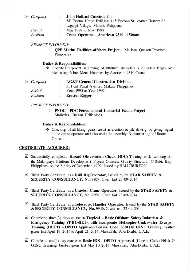 resume for heavy equipment operator