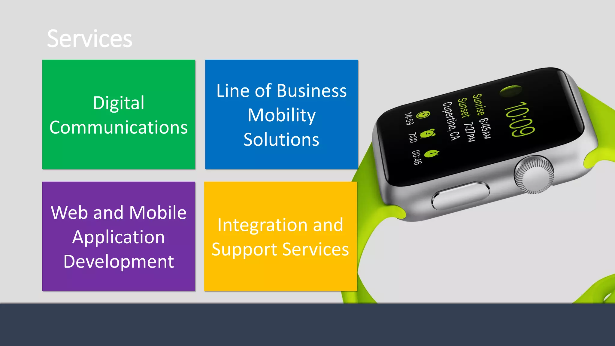 Services
Digital
Communications
Line of Business
Mobility
Solutions
Web and Mobile
Application
Development
Integration and
Support Services
 