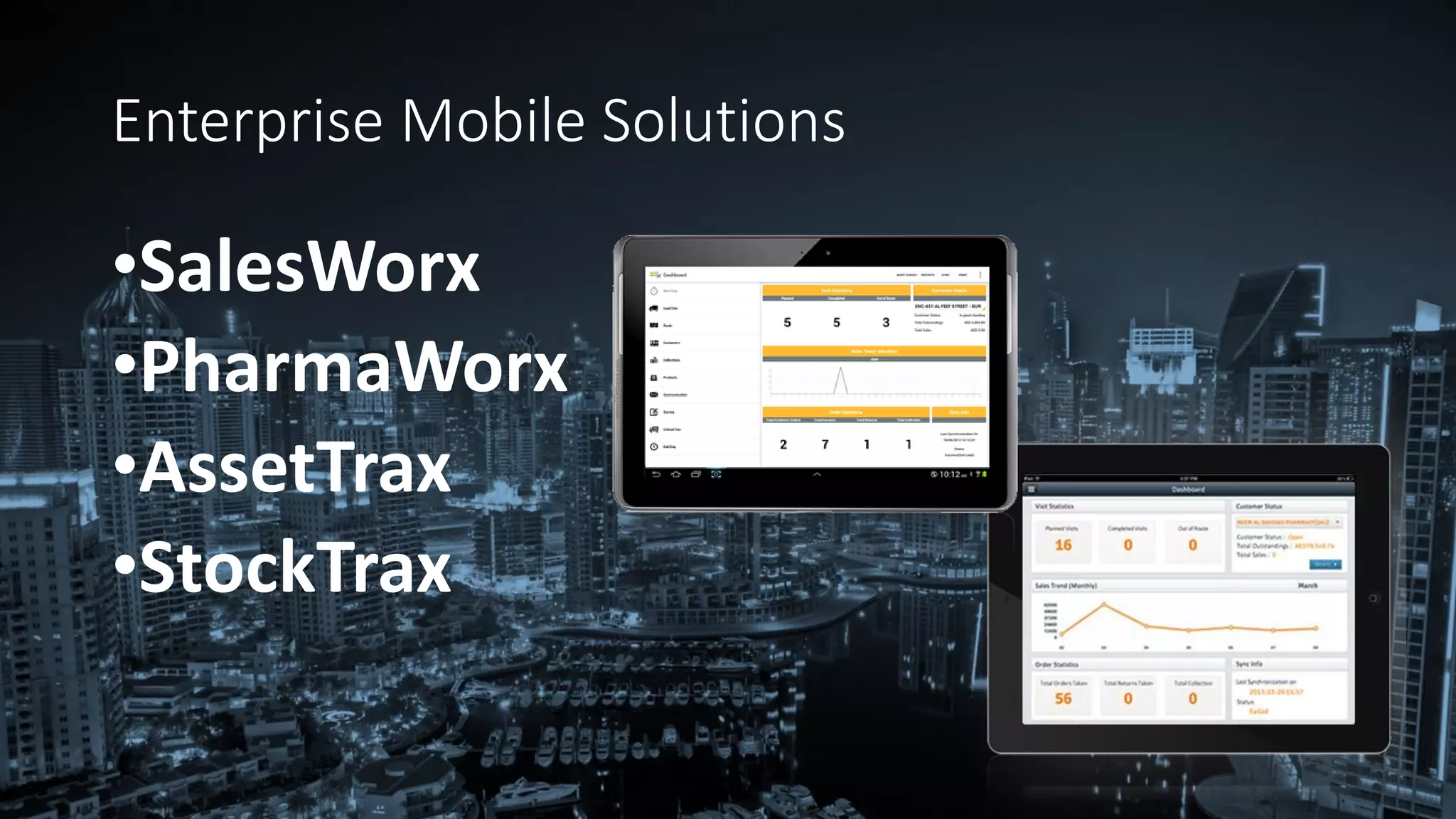 Enterprise Mobile Solutions
•SalesWorx
•PharmaWorx
•AssetTrax
•StockTrax
 