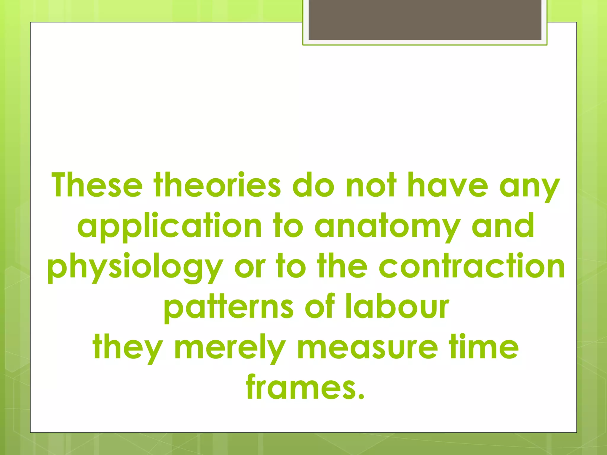 These theories do not have any
application to anatomy and
physiology or to the contraction
patterns of labour
they merely measure time
frames.
 