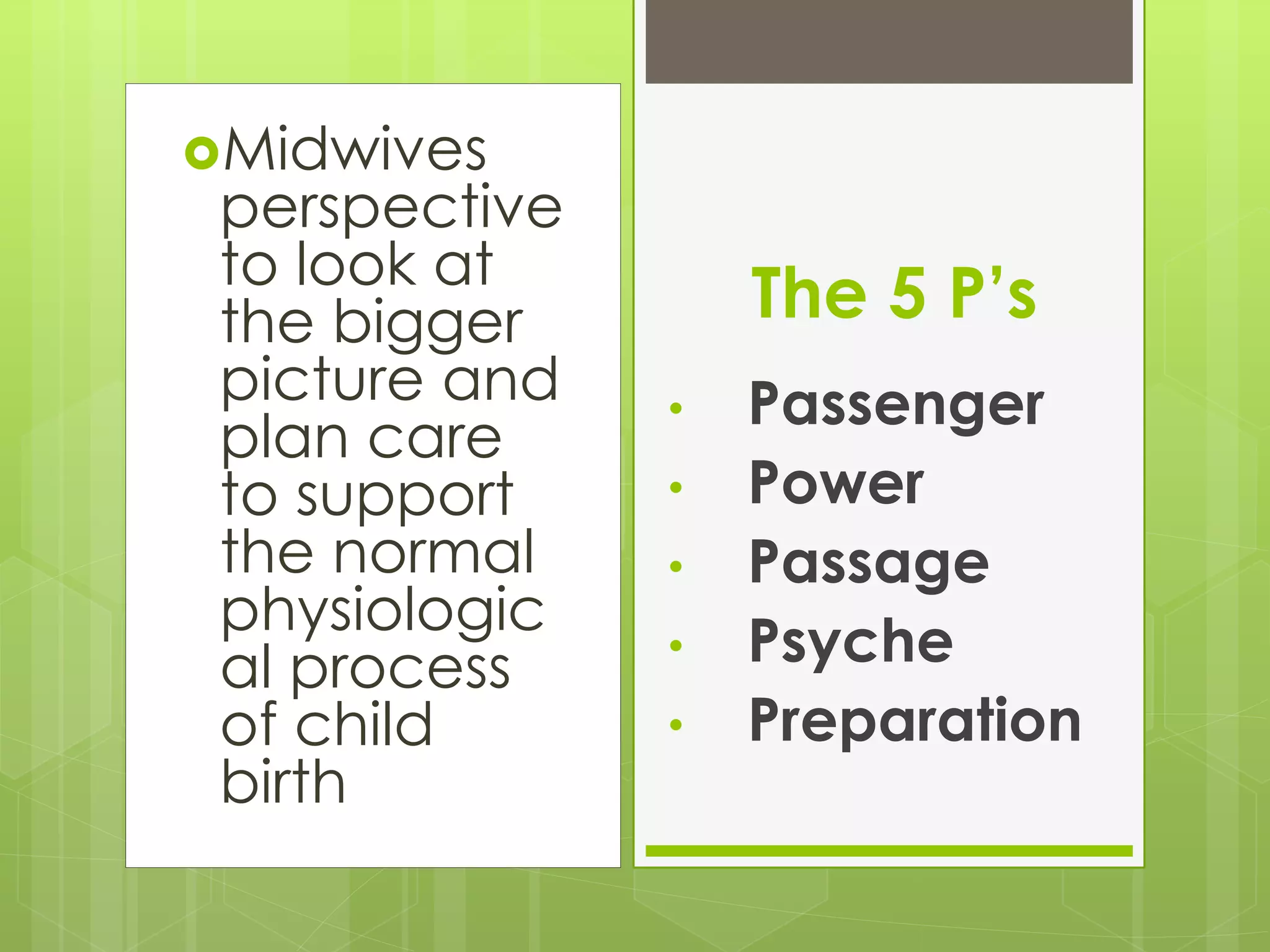 Midwives
perspective
to look at
the bigger
picture and
plan care
to support
the normal
physiologic
al process
of child
birth
The 5 P’s
• Passenger
• Power
• Passage
• Psyche
• Preparation
 