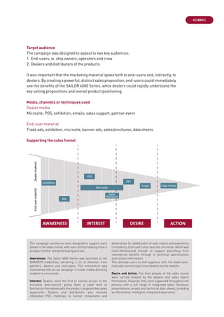 Target audience
The campaign was designed to appeal to two key audiences:
1.	End-users, ie, ship owners, operators and crew
2.	Dealers and distributors of the products
It was important that the marketing material spoke both to end-users and, indirectly, to
dealers. By creating a powerful, distinct sales proposition, end-users could immediately
see the benefits of the SAILOR 6000 Series, while dealers could rapidly understand the
key selling propositions and overall product positioning.
Media, channels or techniques used
Dealer media
Microsite, POS, exhibition, emails, sales support, partner event
End-user material
Trade ads, exhibition, microsite, banner ads, sales brochures, data sheets
Supporting the sales funnel
AWARENESS INTEREST DESIRE ACTION
Exhibition
End-usermaterialDealermaterial
Ads
POS
Microsite
Sales
literature
PPT
Email Data sheets
The campaign mechanics were designed to support every
phase in the sales funnel, with each activity helping move a
prospect further along the buying process.
Awareness: The Sailor 6000 Series was launched at the
SMM2010 tradeshow, attracting a lot of attention from
partners, dealers and end-users. This momentum was
maintained with an ad campaign in trade media directing
readers to a microsite.
Interest: Dealers were the first to receive access to the
microsite (pre-launch), giving them a head start to
familiarize themselves with the product range and key sales
arguments. Dealers and distributors also received
integrated POS materials to furnish showrooms and
dealerships for added point-of-sale impact and experience
consistency. End-users also used the microsite, which was
multi-dimensional enough to support everything from
commercial benefits through to technical specifications
and contact information.
This allowed users to self-segment, with hot leads auto-
matically connecting to local dealers via the website.
Desire and Action: The final phases of the sales funnel
were carried forward by the dealers and sales teams
themselves. However, they were supported throughout the
process with a full range of integrated sales literature,
presentations, emails and technical data sheets, providing
an informative, intelligent, integrated experience.
 