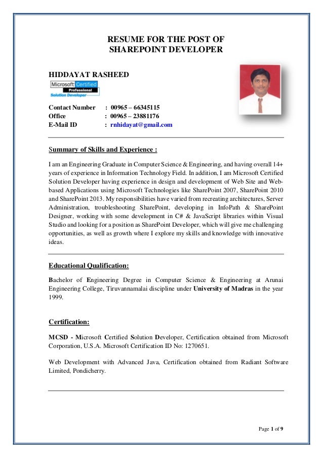 Sharepoint Developer Resume Beauteous HIDDAYAT RESUMESHAREPOINT DEVELOPER Sharepoint Developer Resume Beauteous HIDDAYAT RESUMESHAREPOINT DEVELOPER