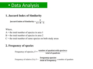 • Data Analysis
1. Jaccard Index of Similarity
Where,
A = the total number of species in area 1
B = the total number of species in area 2
C = the total number of same species on both study areas
2. Frequency of species
Frequency of species, F =
Frequency of relative (%), F = x number of quadrats
 