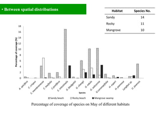 • Between spatial distributions
0
2
4
6
8
10
12
14
16
18
Percentageofcoverage(%)
Species
Sandy beach Rocky beach Mangrove swamp
Percentage of coverage of species on May of different habitats
Habitat Species No.
Sandy 14
Rocky 11
Mangrove 10
 
