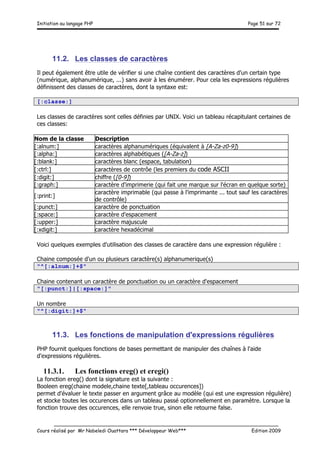 Initiation au langage PHP Page 51 sur 72
__________________________________________________________________________
Cours réalisé par Mr Nabeledi Ouattara *** Développeur Web*** Edition 2009
11.2. Les classes de caractères
Il peut également être utile de vérifier si une chaîne contient des caractères d'un certain type
(numérique, alphanumérique, ...) sans avoir à les énumérer. Pour cela les expressions régulières
définissent des classes de caractères, dont la syntaxe est:
[:classe:]
Les classes de caractères sont celles définies par UNIX. Voici un tableau récapitulant certaines de
ces classes:
Nom de la classe Description
[:alnum:] caractères alphanumériques (équivalent à [A-Za-z0-9])
[:alpha:] caractères alphabétiques ([A-Za-z])
[:blank:] caractères blanc (espace, tabulation)
[:ctrl:] caractères de contrôe (les premiers du code ASCII
[:digit:] chiffre ([0-9])
[:graph:] caractère d'imprimerie (qui fait une marque sur l'écran en quelque sorte)
[:print:]
caractère imprimable (qui passe à l'imprimante ... tout sauf les caractères
de contrôle)
[:punct:] caractère de ponctuation
[:space:] caractère d'espacement
[:upper:] caractère majuscule
[:xdigit:] caractère hexadécimal
Voici quelques exemples d'utilisation des classes de caractère dans une expression régulière :
Chaine composée d'un ou plusieurs caractère(s) alphanumerique(s)
"^[:alnum:]+$"
Chaine contenant un caractère de ponctuation ou un caractère d'espacement
"[:punct:]|[:space:]"
Un nombre
"^[:digit:]+$"
11.3. Les fonctions de manipulation d'expressions régulières
PHP fournit quelques fonctions de bases permettant de manipuler des chaînes à l'aide
d'expressions régulières.
11.3.1. Les fonctions ereg() et eregi()
La fonction ereg() dont la signature est la suivante :
Booleen ereg(chaine modele,chaine texte[,tableau occurences])
permet d'évaluer le texte passer en argument grâce au modèle (qui est une expression régulière)
et stocke toutes les occurences dans un tableau passé optionnellement en paramètre. Lorsque la
fonction trouve des occurences, elle renvoie true, sinon elle retourne false.
 
