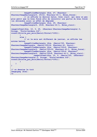 Initiation au langage PHP Page 60 sur 72
__________________________________________________________________________
Cours réalisé par Mr Nabeledi Ouattara *** Développeur Web*** Edition 2009
ImageFilledRectangle ($im, 27, $hauteur-
$hauteurImageRectangle+2, 25+12, $hauteur-41-1, $bleu_fonce);
// on affiche le dernier baton, bleu clair, qui sera un peu
plus petit que le bleu foncé afin de recouvrir une partie du bleu foncé
(on obtiendra ainsi un effet de dégradé)
ImageFilledRectangle ($im, 29, $hauteur-
$hauteurImageRectangle+2, 25+8, $hauteur-41-1, $bleu_clair);
imagettftext($im, 10, 0, 25, ($hauteur-$hauteurImageRectangle)-3,
$rouge, "Fonts/verdana.ttf",
round(($visite_par_mois[$mois]/$total)*100));
}
else {
// si le mois est different de janvier, on affiche les
autres batons
ImageFilledRectangle ($im, ($mois)*25, $hauteur-
$hauteurImageRectangle, ($mois)*25+14, $hauteur-41, $noir);
ImageFilledRectangle ($im, ($mois)*25+2, $hauteur-
$hauteurImageRectangle+2, ($mois)*25+12, $hauteur-41-1, $bleu_fonce);
ImageFilledRectangle ($im, ($mois)*25+6, $hauteur-
$hauteurImageRectangle+2, ($mois)*25+8, $hauteur-41-1, $bleu_clair);
imagettftext($im, 10, 0, ($mois)*25, ($hauteur-
$hauteurImageRectangle)-3, $rouge, "Fonts/verdana.ttf",
round(($visite_par_mois[$mois]/$total)*100));
}
}
}
// on dessine le tout
Imagejpeg ($im);
?>
 