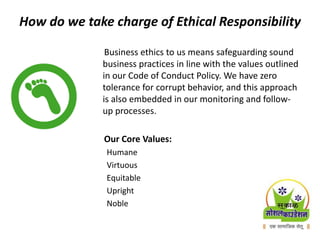 How do we take charge of Ethical Responsibility
Business ethics to us means safeguarding sound
business practices in line with the values outlined
in our Code of Conduct Policy. We have zero
tolerance for corrupt behavior, and this approach
is also embedded in our monitoring and follow-
up processes.
Our Core Values:
Humane
Virtuous
Equitable
Upright
Noble
 