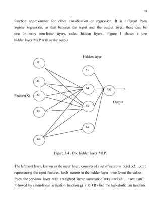 33
function approximator for either classification or regression. It is different from
logistic regression, in that between the input and the output layer, there can be
one or more non-linear layers, called hidden layers.. Figure 1 shows a one
hidden layer MLP with scalar output
Hidden layer
Feature(X)
Output
Figure 3.4 . One hidden layer MLP.
The leftmost layer, known as the input layer, consists of a set of neurons {xi|x1,x2…,xm}
representing the input features. Each neuron in the hidden layer transforms the values
from the previous layer with a weighted linear summation”w1x1+w2x2+…+wm+xm”,
followed by a non-linear activation function g(.): RR - like the hyperbolic tan function.
X3
X1
+1
X2
Xm
Ak
A2
A1
+1
f(X)
 