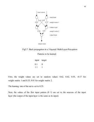 42
Fig3.7 .Back propagation in a 3-layered Multi-Layer-Perceptron
Patterns to be learned:
input target
0 1 0
1 1 1
First, the weight values are set to random values: 0.62, 0.42, 0.55, -0.17 for
weight matrix 1 and 0.35, 0.81 for weight matrix 2.
The learning rate of the net is set to 0.25.
Next, the values of the first input pattern (0 1) are set to the neurons of the input
layer (the output of the input layer is the same as its input).
 