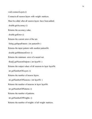 51
void connectLayers ()
Connects all neuron layers with weight matrices.
Must be called after all neuron layers have been added.
double getAccuracy ()
Returns the accuracy value.
double getError ()
Returns the current error of the net.
String getInputPattern ( int patternNr )
Returns the input pattern with number patternNr.
double getMinimumError ()
Returns the minimum error of a neural net.
float[] getNeuronOutputs ( int layerNr )
Returns the output values of all neurons in layer layerNr.
int getNumberOfLayers ()
Returns the number of neuron layers.
int getNumberOfNeurons ( int layerNr )
Returns the number of neurons in layer layerNr.
int getNumberOfPatterns ()
Returns the number of patterns.
int getNumberOfWeights ()
Returns the number of weights of all weight matrices.
 