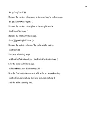 54
int getMapSizeY ()
Returns the number of neurons in the map layer's y-dimension.
int getNumberOfWeights ()
Returns the number of weights in the weight matrix.
double getStopArea ()
Returns the final activation area.
float[][] getWeightValues ()
Returns the weight values of the net's weight matrix.
void learn ()
Performs a learning step.
void setInitActivationArea ( double initActivationArea )
Sets the initial activation area.
void setStopArea( double stopArea )
Sets the final activation area at which the net stops learning.
void setInitLearningRate ( double initLearningRate )
Sets the initial learning rate.
 