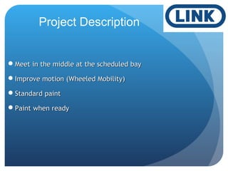 Project Description
Meet in the middle at the scheduled bayMeet in the middle at the scheduled bay
Improve motion (Wheeled Mobility)Improve motion (Wheeled Mobility)
Standard paintStandard paint
Paint when readyPaint when ready
 