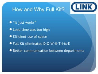 How and Why Full Kit?
“It just works”
Lead time was too high
Efficient use of space
Full Kit eliminated D-O-W-N-T-I-M-E
Better communication between departments
 
