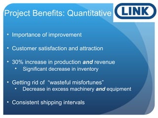 Project Benefits: Quantitative
• Importance of improvement
• Customer satisfaction and attraction
• 30% increase in production and revenue
• Significant decrease in inventory
• Getting rid of “wasteful misfortunes”
• Decrease in excess machinery and equipment
• Consistent shipping intervals
 