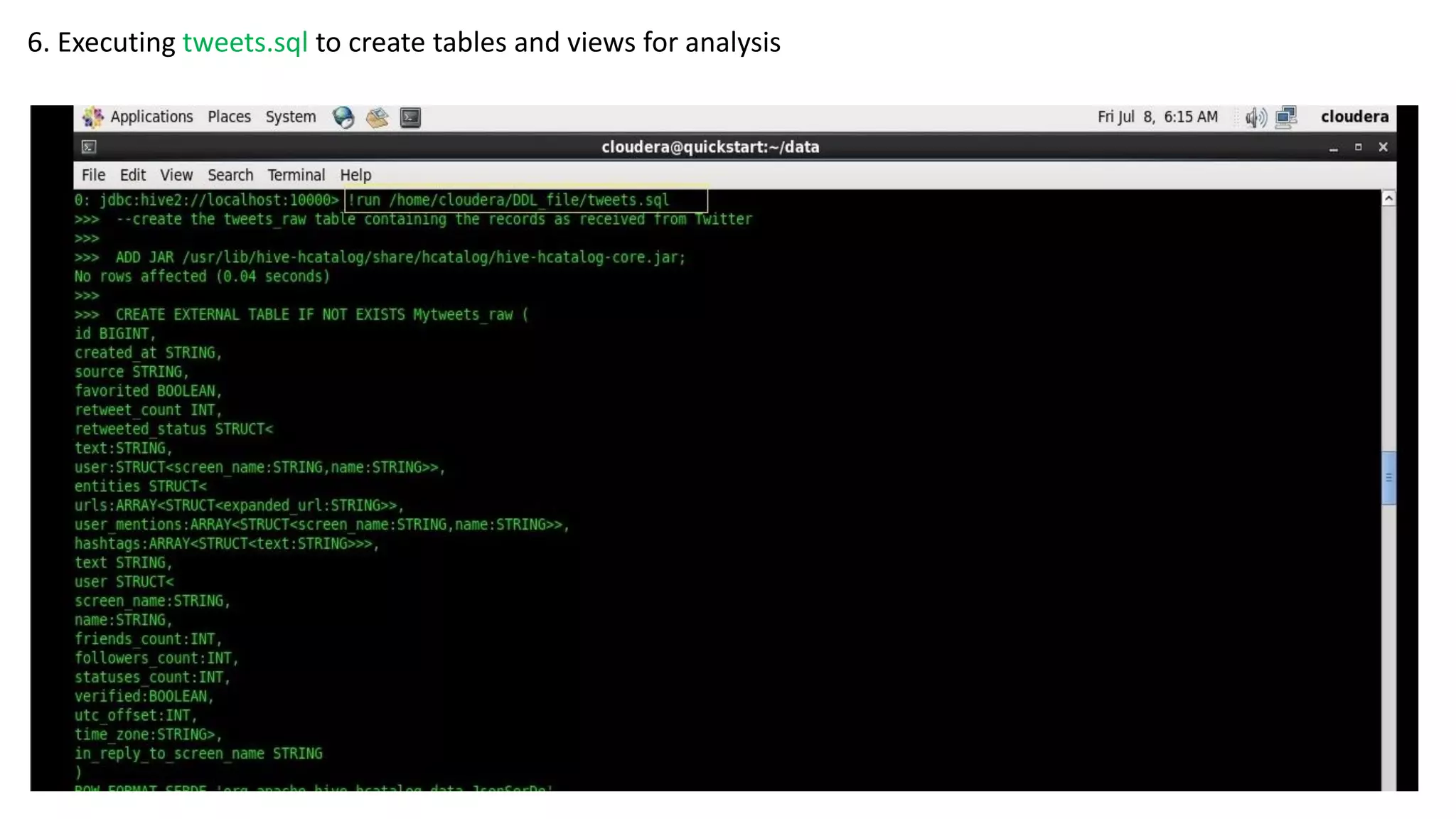 6. Executing tweets.sql to create tables and views for analysis
 