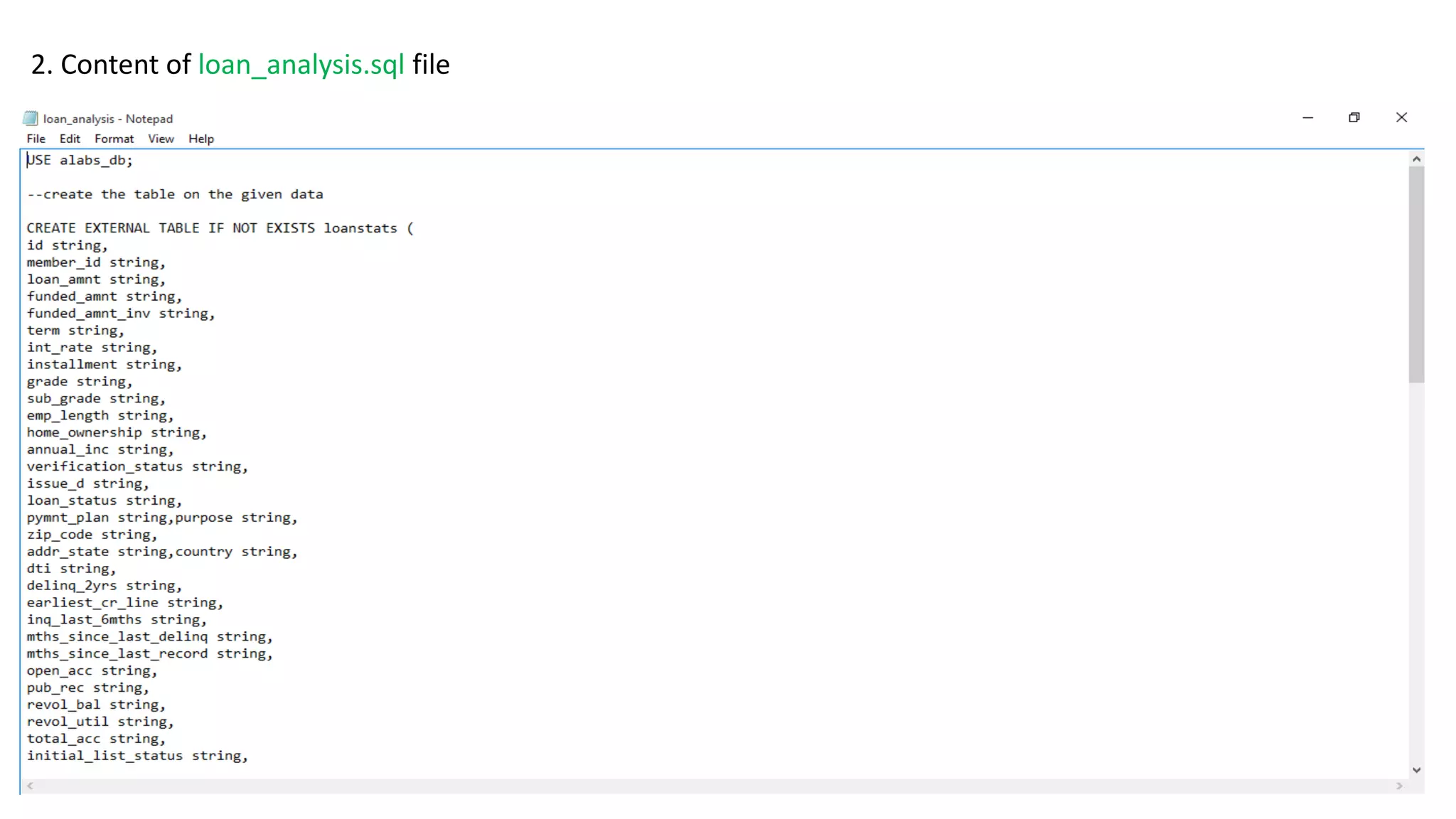 2. Content of loan_analysis.sql file
 