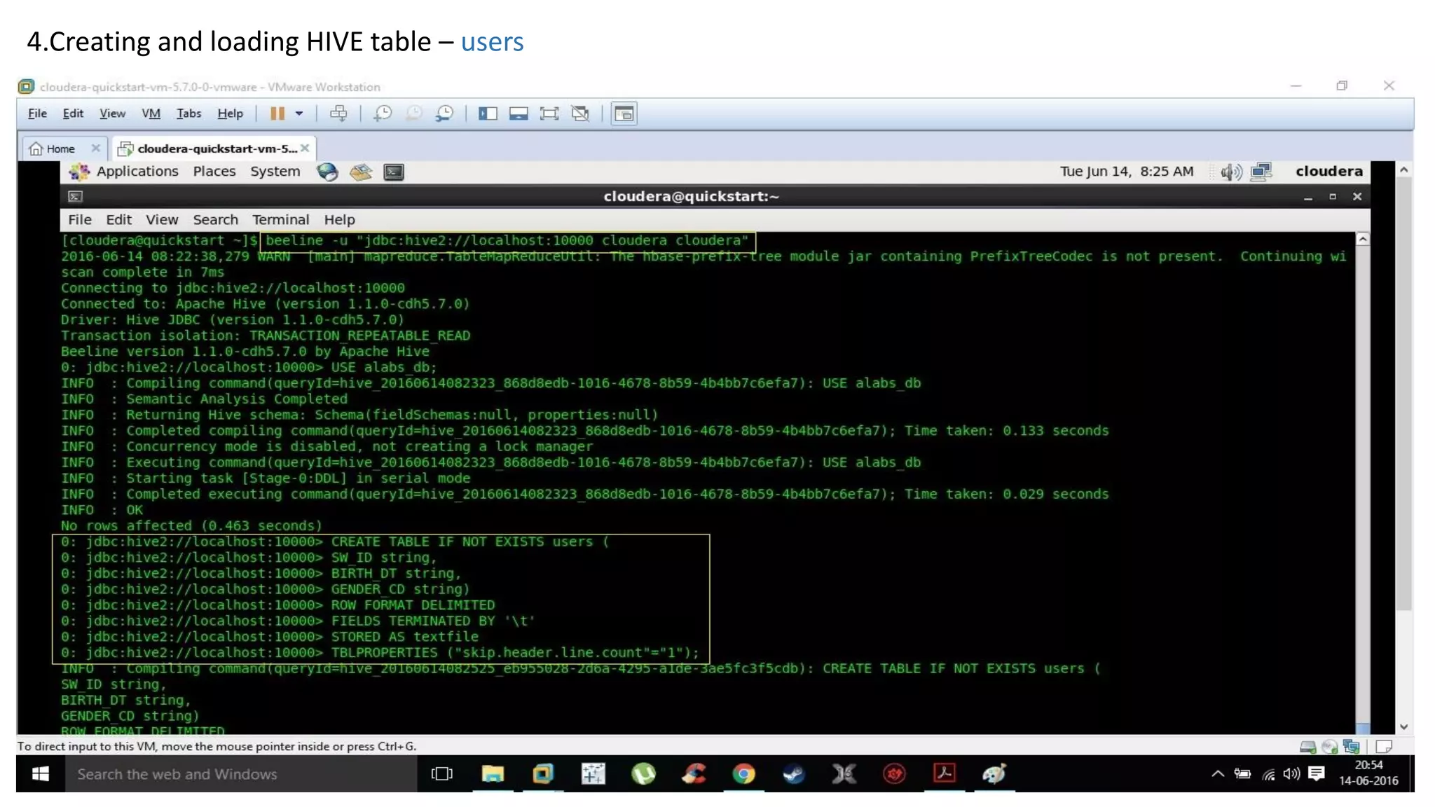 4.Creating and loading HIVE table – users
 