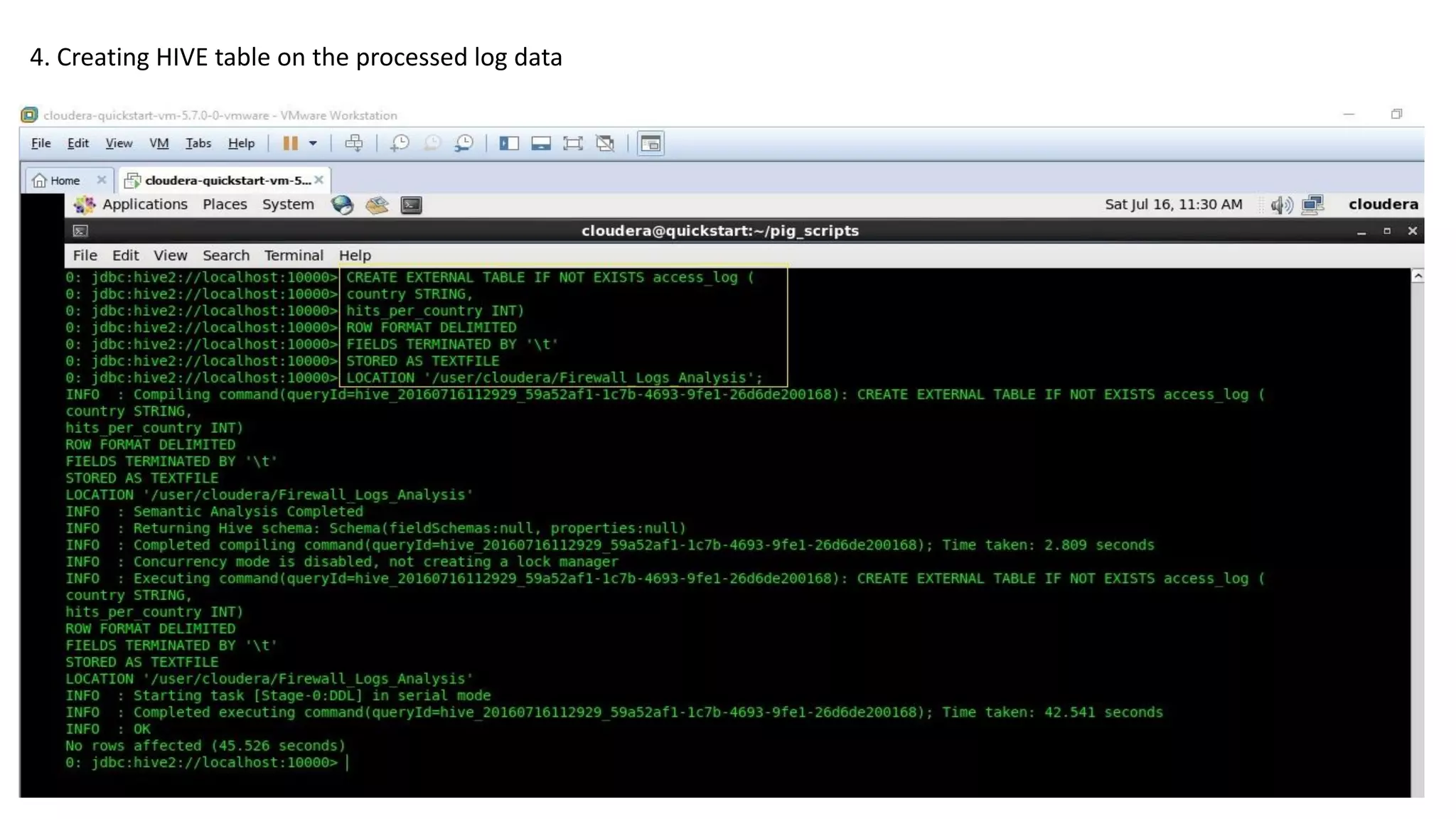 4. Creating HIVE table on the processed log data
 