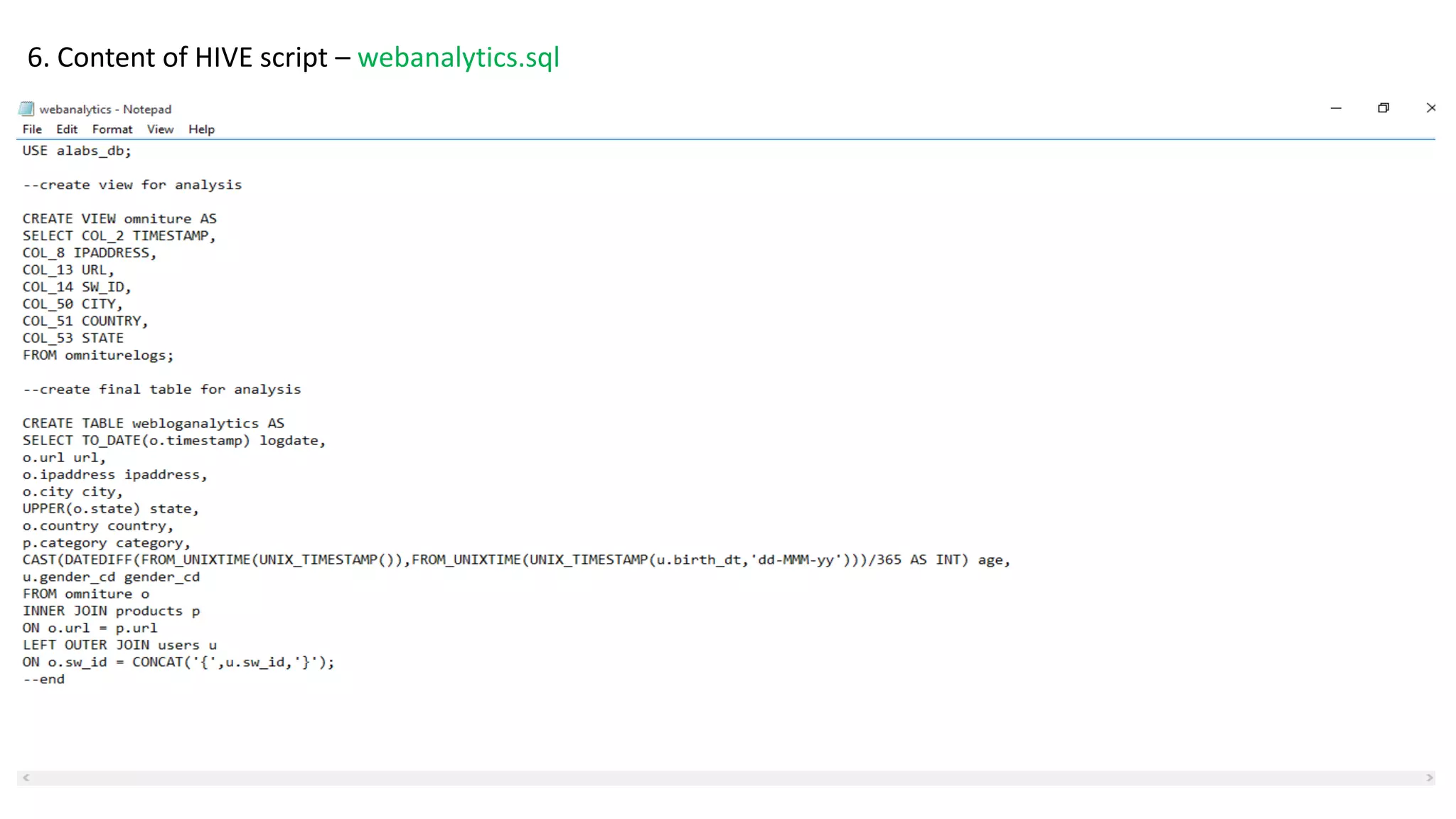 6. Content of HIVE script – webanalytics.sql
 