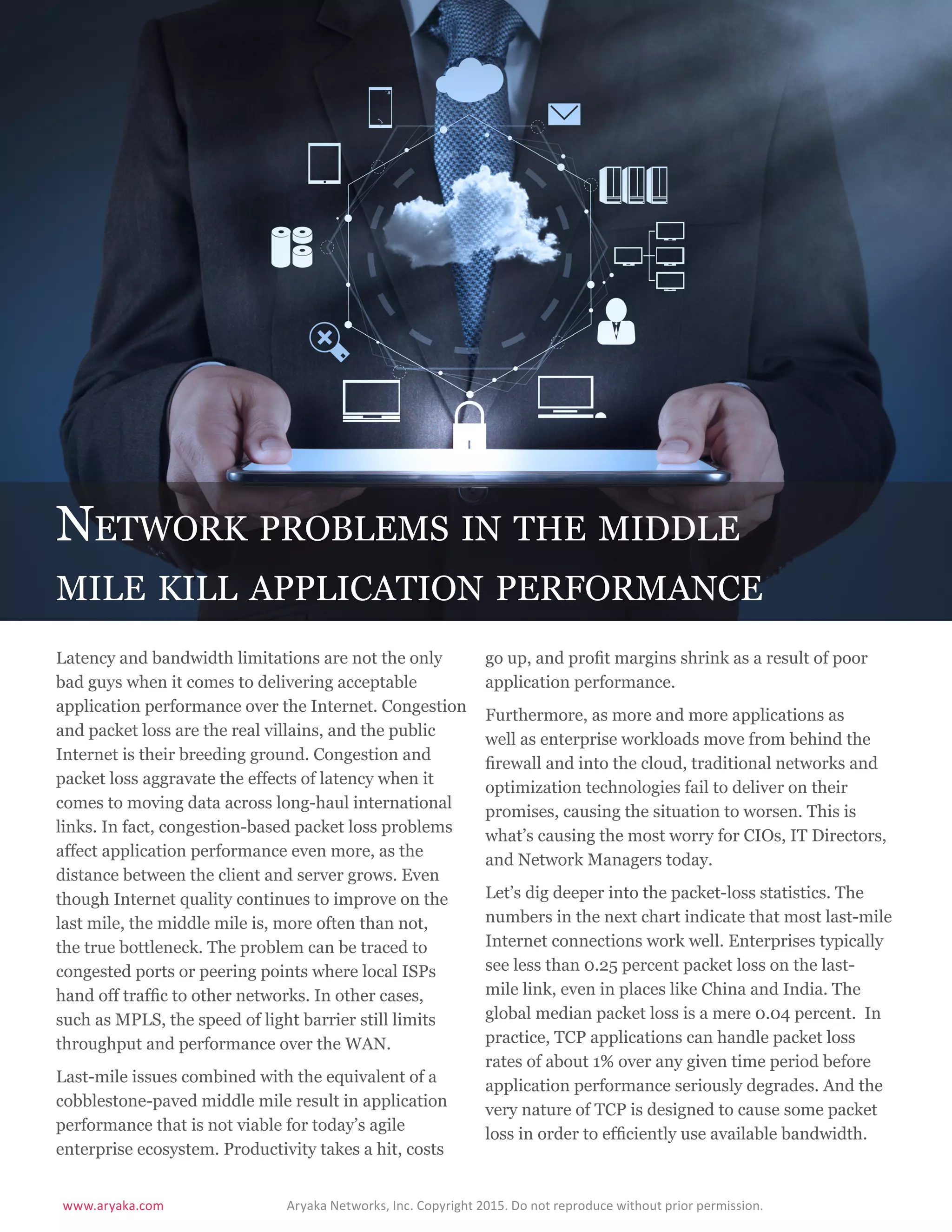 www.aryaka.com 			 Aryaka Networks, Inc. Copyright 2015. Do not reproduce without prior permission.		
S t a t e o f t h e E n t e r p r i s e WA N 2 0 1 5 | 2 1
Network problems in the middle
mile kill application performance
Latency and bandwidth limitations are not the only
bad guys when it comes to delivering acceptable
application performance over the Internet. Congestion
and packet loss are the real villains, and the public
Internet is their breeding ground. Congestion and
packet loss aggravate the effects of latency when it
comes to moving data across long-haul international
links. In fact, congestion-based packet loss problems
affect application performance even more, as the
distance between the client and server grows. Even
though Internet quality continues to improve on the
last mile, the middle mile is, more often than not,
the true bottleneck. The problem can be traced to
congested ports or peering points where local ISPs
hand off traffic to other networks. In other cases,
such as MPLS, the speed of light barrier still limits
throughput and performance over the WAN.
Last-mile issues combined with the equivalent of a
cobblestone-paved middle mile result in application
performance that is not viable for today’s agile
enterprise ecosystem. Productivity takes a hit, costs
go up, and profit margins shrink as a result of poor
application performance.
Furthermore, as more and more applications as
well as enterprise workloads move from behind the
firewall and into the cloud, traditional networks and
optimization technologies fail to deliver on their
promises, causing the situation to worsen. This is
what’s causing the most worry for CIOs, IT Directors,
and Network Managers today.
Let’s dig deeper into the packet-loss statistics. The
numbers in the next chart indicate that most last-mile
Internet connections work well. Enterprises typically
see less than 0.25 percent packet loss on the last-
mile link, even in places like China and India. The
global median packet loss is a mere 0.04 percent. In
practice, TCP applications can handle packet loss
rates of about 1% over any given time period before
application performance seriously degrades. And the
very nature of TCP is designed to cause some packet
loss in order to efficiently use available bandwidth.
 