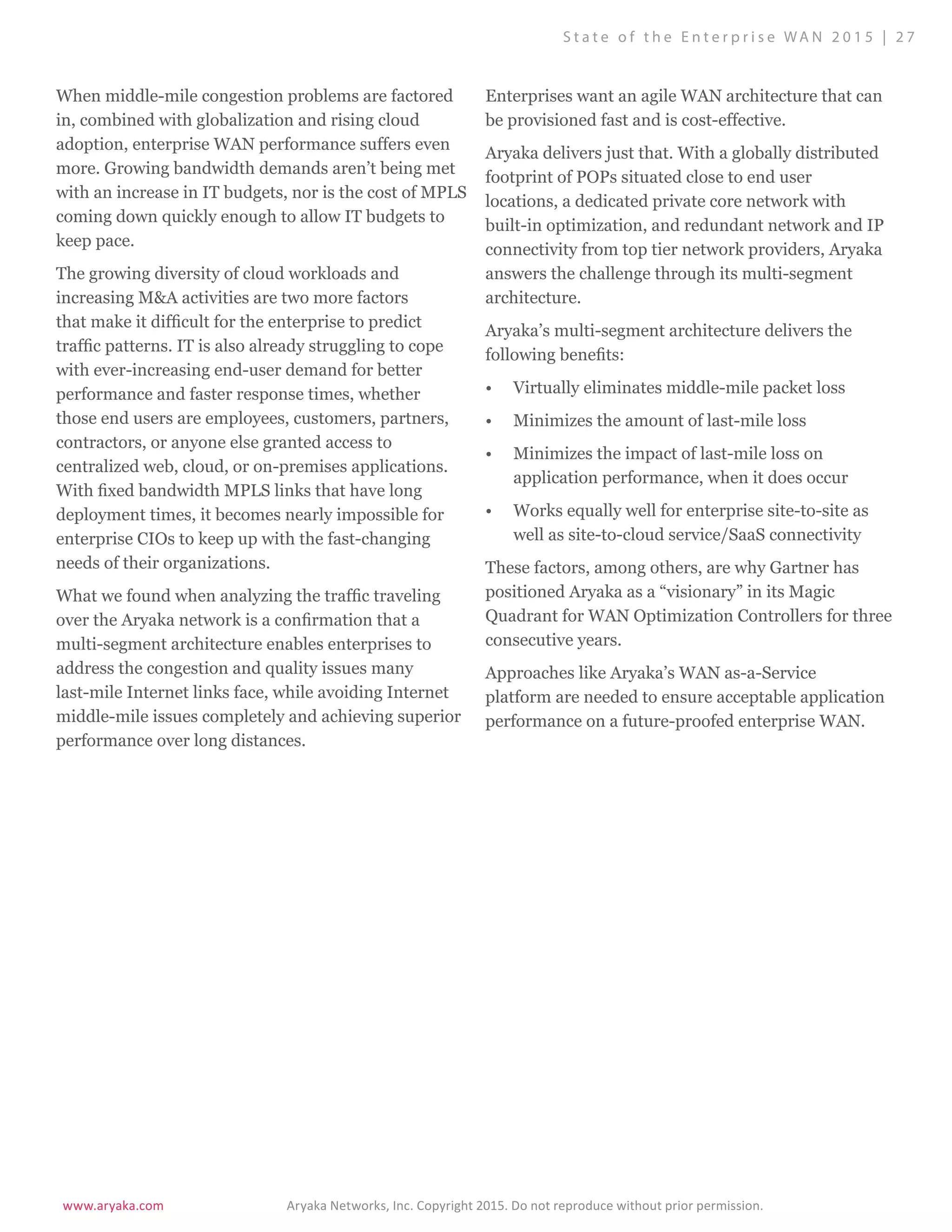 www.aryaka.com 			 Aryaka Networks, Inc. Copyright 2015. Do not reproduce without prior permission.		
S t a t e o f t h e E n t e r p r i s e WA N 2 0 1 5 | 2 7
When middle-mile congestion problems are factored
in, combined with globalization and rising cloud
adoption, enterprise WAN performance suffers even
more. Growing bandwidth demands aren’t being met
with an increase in IT budgets, nor is the cost of MPLS
coming down quickly enough to allow IT budgets to
keep pace.
The growing diversity of cloud workloads and
increasing M&A activities are two more factors
that make it difficult for the enterprise to predict
traffic patterns. IT is also already struggling to cope
with ever-increasing end-user demand for better
performance and faster response times, whether
those end users are employees, customers, partners,
contractors, or anyone else granted access to
centralized web, cloud, or on-premises applications.
With fixed bandwidth MPLS links that have long
deployment times, it becomes nearly impossible for
enterprise CIOs to keep up with the fast-changing
needs of their organizations.
What we found when analyzing the traffic traveling
over the Aryaka network is a confirmation that a
multi-segment architecture enables enterprises to
address the congestion and quality issues many
last-mile Internet links face, while avoiding Internet
middle-mile issues completely and achieving superior
performance over long distances.
Enterprises want an agile WAN architecture that can
be provisioned fast and is cost-effective.
Aryaka delivers just that. With a globally distributed
footprint of POPs situated close to end user
locations, a dedicated private core network with
built-in optimization, and redundant network and IP
connectivity from top tier network providers, Aryaka
answers the challenge through its multi-segment
architecture.
Aryaka’s multi-segment architecture delivers the
following benefits:
•	 Virtually eliminates middle-mile packet loss
•	 Minimizes the amount of last-mile loss
•	 Minimizes the impact of last-mile loss on
application performance, when it does occur
•	 Works equally well for enterprise site-to-site as
well as site-to-cloud service/SaaS connectivity
These factors, among others, are why Gartner has
positioned Aryaka as a “visionary” in its Magic
Quadrant for WAN Optimization Controllers for three
consecutive years.
Approaches like Aryaka’s WAN as-a-Service
platform are needed to ensure acceptable application
performance on a future-proofed enterprise WAN.
 