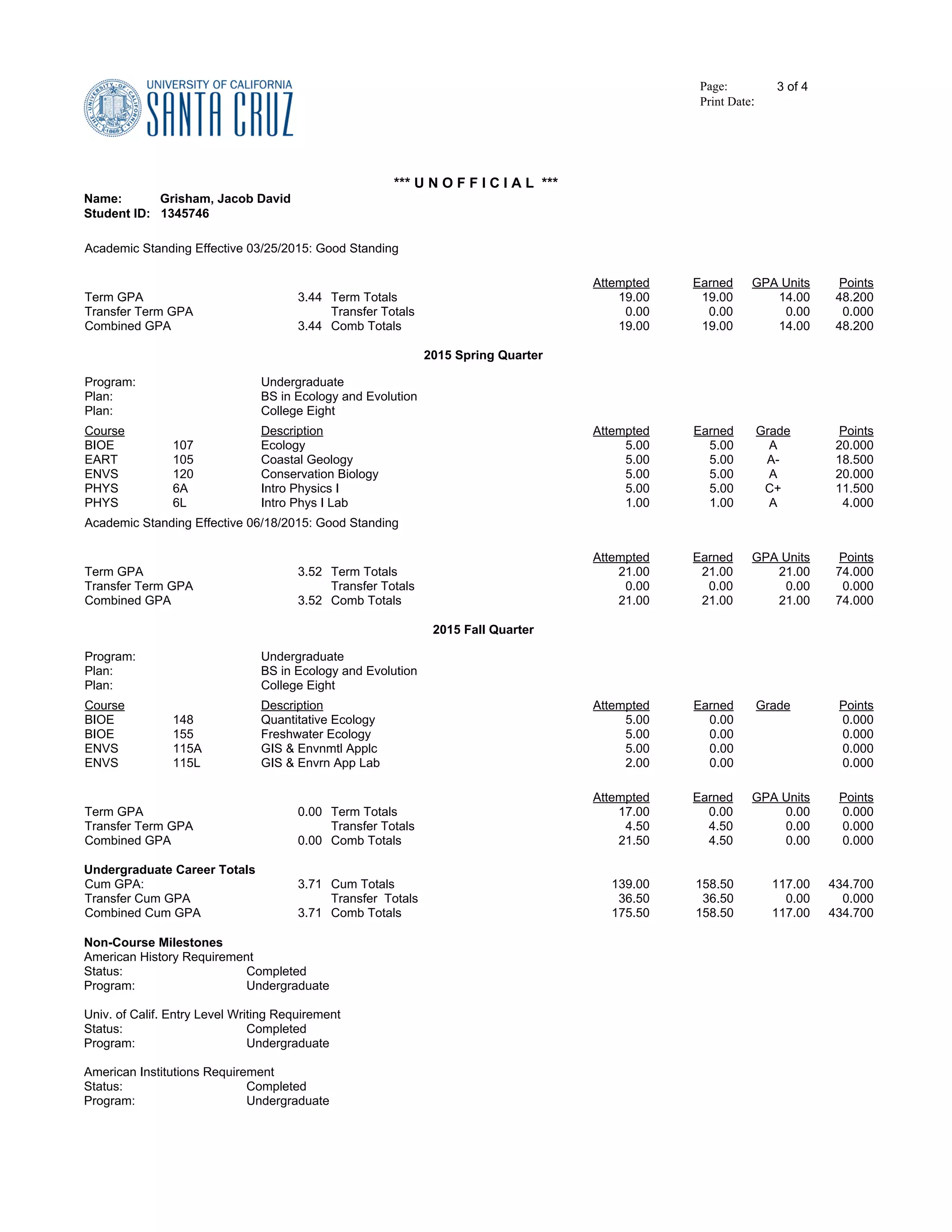 Page:
Print Date:
3 of 4
*** U N O F F I C I A L ***
Name: Grisham, Jacob David
Student ID: 1345746
Academic Standing Effective 03/25/2015: Good Standing
Attempted Earned GPA Units Points
Term GPA 3.44 Term Totals 19.00 19.00 14.00 48.200
Transfer Term GPA Transfer Totals 0.00 0.00 0.00 0.000
Combined GPA 3.44 Comb Totals 19.00 19.00 14.00 48.200
2015 Spring Quarter
Program: Undergraduate
Plan: BS in Ecology and Evolution
Plan: College Eight
Course Description Attempted Earned Grade Points
BIOE 107 Ecology 5.00 5.00 A 20.000
EART 105 Coastal Geology 5.00 5.00 A- 18.500
ENVS 120 Conservation Biology 5.00 5.00 A 20.000
PHYS 6A Intro Physics I 5.00 5.00 C+ 11.500
PHYS 6L Intro Phys I Lab 1.00 1.00 A 4.000
Academic Standing Effective 06/18/2015: Good Standing
Attempted Earned GPA Units Points
Term GPA 3.52 Term Totals 21.00 21.00 21.00 74.000
Transfer Term GPA Transfer Totals 0.00 0.00 0.00 0.000
Combined GPA 3.52 Comb Totals 21.00 21.00 21.00 74.000
2015 Fall Quarter
Program: Undergraduate
Plan: BS in Ecology and Evolution
Plan: College Eight
Course Description Attempted Earned Grade Points
BIOE 148 Quantitative Ecology 5.00 0.00 0.000
BIOE 155 Freshwater Ecology 5.00 0.00 0.000
ENVS 115A GIS & Envnmtl Applc 5.00 0.00 0.000
ENVS 115L GIS & Envrn App Lab 2.00 0.00 0.000
Attempted Earned GPA Units Points
Term GPA 0.00 Term Totals 17.00 0.00 0.00 0.000
Transfer Term GPA Transfer Totals 4.50 4.50 0.00 0.000
Combined GPA 0.00 Comb Totals 21.50 4.50 0.00 0.000
Undergraduate Career Totals
Cum GPA: 3.71 Cum Totals 139.00 158.50 117.00 434.700
Transfer Cum GPA Transfer Totals 36.50 36.50 0.00 0.000
Combined Cum GPA 3.71 Comb Totals 175.50 158.50 117.00 434.700
Non-Course Milestones
American History Requirement
Status: Completed
Program: Undergraduate
Univ. of Calif. Entry Level Writing Requirement
Status: Completed
Program: Undergraduate
American Institutions Requirement
Status: Completed
Program: Undergraduate
 