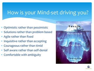 How is your Mind-set driving you?
 Optimistic rather than pessimistic
 Solutions rather than problem based
 Agile rather than fixed
 Inquisitive rather than accepting
 Courageous rather than timid
 Self aware rather than self-denial
 Comfortable with ambiguity
 