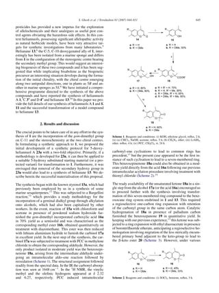 pesticides has provided a new impetus for the exploration
of allelochemicals and their analogues as useful pest con-
trol agents obviating the hazardous side effects. In this con-
text heliannuols, possessing signiﬁcant allelopathic activity
as natural herbicide models, have been very attractive tar-
gets for synthetic investigations from many laboratories.5
Helianane 13,6
the C-5, C-10 deoxygenated ally of 1, inter-
estingly has been isolated from a marine sponge and differs
from 1 in the conﬁguration of the stereogenic centre bearing
the secondary methyl group. This would suggest an interest-
ing biogenesis of these two compounds and it has been sug-
gested that while implicating bisabolene as the biogenetic
precursor an interesting situation develops during the forma-
tion of the initial chirality, with the chiral centre emerging
along two antipodal directions, one in plants as 5R and an-
other in marine sponges as 5S.6
We have initiated a compre-
hensive programme directed to the synthesis of the above
compounds and have reported the synthesis of heliannuols
A 1,7
C 38
and D 49
and helianane 13.10
In this paper we pro-
vide the full details of our synthesis of heliannuols A 1 and K
11 and the successful transformation of a model compound
to helianane 13.
2. Results and discussion
The crucial points to be taken care of in any effort to the syn-
thesis of 1 are the incorporation of the gem-dimethyl group
on C-11 and the stereochemistry at the two chiral centres.
In formulating a synthetic approach to 1, we proposed the
initial development of a synthetic protocol for 5-deoxy-
heliannuol A 23a with a two-fold objective. Primarily, if a
methodology is developed for 23a, it can then be applied to
a suitable 5-hydroxy substituted starting material (or a pro-
tected variant) for transformation to 1. Furthermore, it was
envisaged that removal of the secondary hydroxy group in
23a would also lead to a synthesis of helianane 13. We de-
scribe herein the successful materialisation of this proposal.
The synthesis began with the known styrenol 15a, which had
previously been employed by us in a synthesis of some
marine sesquiterpenes.11
This was subjected to a Bargellini
reaction,12
which provides a ready methodology for the
incorporation of a geminal dialkyl group through alkylation
onto alcohols, which had also been capitalised by other
workers. In the event, reaction of 15a with chloroform and
acetone in presence of powdered sodium hydroxide fur-
nished the gem-dimethyl incorporated carboxylic acid 16a
in 70% yield as a semisolid and was characterised as the
corresponding methyl ester 16b, obtained quantitatively on
treatment with diazomethane. This ester was then reduced
with lithium aluminium hydride to furnish the carbinol 17a
in excellent yield. In the next step of the synthesis, the car-
binol 17a was subjected to treatment with PCC in methylene
chloride to obtain the corresponding aldehyde. However, the
only product isolated in moderate yield was the benzoxepi-
nenone 18a, arising from the intermediate aldehyde under-
going an intramolecular aldo–ene reaction followed by
reoxidation (Scheme 1). The structural assignment followed
readily from the spectral data. In the IR the carbonyl absorp-
tion was seen at 1648 cmÀ1
. In the 1
H NMR, the vinylic
methyl and the oleﬁnic hydrogens appeared at d 2.32
and 6.27, respectively. PCC induced intramolecular
carbonyl–ene cyclisations to lead to common rings has
precedent,13
but the present case appeared to be the ﬁrst in-
stance of such cyclisation to lead to a seven-membered ring.
This benzoxepinenone 18a could also be obtained in a mod-
erate yield directly from the acid 16a following our previous
intramolecular acylation procedure involving treatment with
thionyl chloride (Scheme 2).14
The ready availability of the unsaturated ketone 18a in a sin-
gle step from the alcohol 17a (or the acid 16a) encouraged us
to proceed further with the synthesis involving transfor-
mation of this seven-membered ring compound to the benz-
oxocane ring system enshrined in 1 and 13. This required
a regioselective one-carbon ring expansion with retention
of the carbonyl group in the same carbon atom. Catalytic
hydrogenation of 18a in presence of palladium carbon
furnished the benzoxepanone 19 in quantitative yield. In
keeping with our previous experience,11
this ketone was sub-
jected to a ring expansion with ethyl diazoacetate in presence
of borontriﬂuoride etherate, anticipating a regioselective ho-
mologation involving migration of the less sterically encum-
bered primary bond adjacent to the keto-group to lead to
the b-keto ester 20 (Scheme 3). However, under various
i
ii
O
R
O
14
OH
R
15
a. R = H
b. R = OMe
a. R = H
b. R = OMe, 50%
O
R
OH
17
O
R
COOR'
16
iii
a. R = R' = H, 70%
b. R = H, R' = Me, 95%
c. R = OMe, R' = H, 85%
d. R = OMe, R' = Me, 95%
a. R = H, 80%
b. R = OMe, 80%
iv
R
O
O
18
a. R = H, 60%
b. R = OMe
Scheme 1. Reagents and conditions: (i) KOH, ethylene glycol, reﬂux, 2 h;
(ii) (a) CHCl3, NaOH, acetone, reﬂux, 5 h; (b) CH2N2, ether; (iii) LiAlH4,
ether, reﬂux, 4 h; (iv) PCC, CH2Cl2, rt, 24 h.
16 18
i
O
R
COOH
R
O
O
a. R = H
c. R = OMe
a. R = H, 45%
b. R = OMe, 33%
Scheme 2. Reagents and conditions: (i) SOCl2, benzene, reﬂux, 3 h.
645S. Ghosh et al. / Tetrahedron 63 (2007) 644–651
 