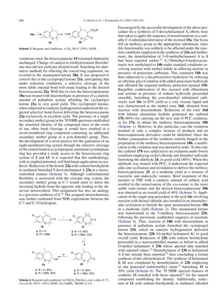 conditions tried, the benzoxepanone 19 remained obdurately
unchanged. Change of catalyst to triethyloxonium ﬂuorobo-
rate also did not yield any desired result. Searching for alter-
native methods for effecting the crucial ring expansion, we
reverted to the unsaturated ketone 18a. It was proposed to
convert this to the cyclopropyl ketone 21a, anticipating that
under reduction conditions, a selective cleavage of the
more labile internal bond will ensue leading to the desired
benzoxocanone 22a. With this in view the benzoxopinenone
18a was treated with diazomethane in presence of a catalytic
amount of palladium acetate affording the cyclopropyl
ketone 21a in very good yield. This cyclopropyl ketone,
when subjected to catalytic hydrogenation underwent the ex-
pected selective bond ﬁssion delivering the benzoxocanone
22a exclusively in excellent yield. The presence of a single
secondary methyl group in the 1
H NMR spectrum established
the structural identity of the compound since in the event
of any other bond cleavage it would have resulted in a
seven-membered ring compound containing an additional
secondary methyl group or a gem-dimethyl group. Thus,
the development of a novel process for the generation of an
eight-membered ring system through the selective cleavage
of the central bond in a cyclopropane annulated cycloheptane
ring has provided a ready access to the benzoxocane ring
system of 1 and 13. It is expected that this methodology,
with its implied potential, will ﬁnd future applications in syn-
thesis. Reduction of the ketone 22a with sodium borohydride
in methanol furnished 5-deoxyheliannuol A 23a in a stereo-
controlled manner (Scheme 4). Although conformational
ﬂexibility is associated with the oxocane ring system, the
secondary methyl group at C-7 would seem to direct the
incoming hydride from the opposite side leading to the ob-
served stereocontrol. This assignment has also an analogy
in a previous synthesis of 1.5a
The assigned stereochemistry
was further conﬁrmed from NOE experiments between the
C-7 and C-10 hydrogens.
Encouraged by the successful development of the above pro-
cedure for a synthesis of 5-deoxyheliannuol A, efforts were
then taken to apply the sequence of transformations to a suit-
ably C-4 substituted derivative of the styrenol 15a. Our focus
fell on methoxy group as the appropriate substituent, since
this functionality was unlikely to be affected under the reac-
tion conditions employed in the synthesis of 23a and further-
more, the demethylation of 5-O-methylheliannuol A to 1
had been reported earlier.5a
4,7-Dimethyl-6-hydroxycou-
marin was methylated to 14b under standard conditions in-
volving reaction with methyl iodide in reﬂuxing acetone in
presence of potassium carbonate. This coumarin 14b was
then subjected to a decarboxylative hydrolysis by reﬂuxing
an ethylene glycol solution with added potassium hydroxide
and afforded the required methoxy protected styrenol 15b.
Bargellini condensation of this styrenol with chloroform
and acetone in presence of sodium hydroxide proceeded
smoothly furnishing the gem-dimethyl substituted carb-
oxylic acid 16c in 85% yield as a very viscous liquid and
was characterised as the methyl ester 16d, obtained from
reaction with diazomethane. Reduction of the ester 16d
with lithium aluminium hydride generated the carbinol
17b (80%) for carrying out the next step of PCC oxidation,
as for 17a, to obtain the methoxy benzoxopinenone 18b
(Scheme 1). However, in this particular case the oxidation
resulted in only a complex mixture of products and no
benzoxopinenone derivative could be identiﬁed. Since the
further continuation of the synthesis entirely hinged on the
preparation of the methoxy benzoxopinenone 18b, a modiﬁ-
cation in the oxidation step was deemed in order. To this end,
the carbinol 17b was subjected to an oxidation under Swern
condition employing oxalyl chloride and dimethyl sulfoxide
furnishing the aldehyde 24, in good yield (80%). When this
aldehyde was treated with PCC, it underwent the expected
aldo–ene cyclisation and reoxidation to deliver the methoxy
benzoxopinenone 25, in a moderate yield as a mixture of
exocyclic and endocyclic isomers. Brief treatment of this
mixture in THF with a catalytic amount of sulfuric acid
resulted in the isomerisation of the exo-isomer to the more
stable endo-isomer and the desired benzoxopinenone 18b
was obtained in an overall yield of 40% (Scheme 5). Appli-
cation of the single-step procedure to the acid 16c involving
reaction with thionyl chloride also resulted in an intramolec-
ular cyclisation to furnish the same unsaturated ketone 18b
in a moderate yield (Scheme 2). This unsaturated ketone
was transformed to the 5-methoxy benzoxocanone 22b,
following the previously established sequence of reactions
(Scheme 4). Thus, reaction of 18b with diazomethane in
presence of palladium acetate furnished the cyclopropyl
ketone 21b, which on catalytic hydrogenation delivered
the benzoxocanone 22b (O-methyl heliannuol K) in good
overall yield. Reduction of 22b with sodium borohydride
proceeded in a stereocontrolled manner as before to afford
O-methyl heliannuol A 23b whose spectral data matched
with reported values.5a
Demethylation of 23b to heliannuol
A 1 has already been reported,5a
thus concluding a formal
synthesis of this allelochemical. The synthesis of heliannuol
K 11 was completed by demethylation of 22b employing
in situ generated iodotrimethyl silane15
furnishing 11 in
30% yield (Scheme 6). The 1
H NMR spectral features of
synthetic 11 matched with those reported3a
for the natural
compound establishing the identity. Additionally, reduc-
tion of 11 with sodium borohydride in methanol afforded
O
O18a
19
i
O O
CO2Et
20
Scheme 3. Reagents and conditions: (i) H2, Pd–C (10%), EtOH.
18
ii
i
O
R
O
21
a. R = H, 90%
b. R = OMe, 72%
a. R = H, 80%
b. R = OMe, 90%
a. R = H, 95%
b. R = OMe, 90%
O
O
R
a. R = H
b. R = OMe
O
R
O
2223
O
R
OH
iii
Scheme 4. Reagents and conditions: (i) CH2N2, Pd(OAc)2 (cat.), ether, 0 
C,
4 h; (ii) H2, Pd–C (10%), EtOH; (iii) NaBH4, MeOH, rt, 4 h.
646 S. Ghosh et al. / Tetrahedron 63 (2007) 644–651
 