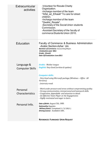 Extracurricular
activities
-Volunteer for Resala Charity
Organization.
-Incharge memberof the team
"Atfal_ad_Elhaiah" To care for street
children.
-Incharge memberof the team
"Qwafel_Resala".
-Secretary of the Social Union students
Commission.
-Assistant Secretary of the faculty of
commerceStudents Union 2010.
Education
Language &
Computer Skills
Personal
Characteristics
Personal Info.
Faculty of Commerce & Business Administration
-Arabic Section-Azhar Uni.
Bachelor ofCommerce: Accounting Major.
Graduation year' 2011
Grade: (Good)
Date OfGraduation:June2011
Arabic: Mother tongue
English: Very Good (written & spoken)
Computer skills:
- Very Good using Microsoft package (Windows – Office All
Versions)
- Internet,e-mail.
- Work under pressure and stress without compromising quality.
- Strong communication, interpersonal and teamwork skills.
- Cooperative, dependable and attention to detail.
- An Effective Team Player at the Engagements
- Highly motivated and eager to learn.
Date ofBirth: August 5th, 1989.
Nationality:Egyptian.
MilitaryStatus: Completed ( 1 / 3 / 2013 ).
DrivingLicense: Availablein ARE .
REFERENCES FURNISHED UPON REQUEST
 