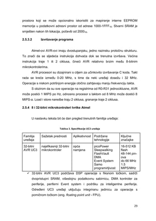 29
prostora koji se može opcionalno iskoristiti za mapiranje interne EEPROM
memorije u podatkovni adresni prostor od adrese 1000-1FFF16. Stvarni SRAM je
smješten nakon tih lokacija, počevši od 200016.
2.5.3.2 Izvršavanje programa
Atmel-ovi AVR-ovi imaju dvostupanjsku, jedno razinsku protočnu strukturu.
To znači da se sljedeća instrukcija dohvaća dok se trenutna izvršava. Većina
instrukcija traje 1 ili 2 ciklusa, čineći AVR relativno brzim među 8-bitnim
mikrokontrolerima.
AVR procesori su dizajnirani s ciljem za učinkovito izvršavanje C koda. Takt
rada se kreće između 0-20 MHz, s time da neki uređaji dosežu i 32 MHz.
Operacije s niskom potršnjom energije obično zahtjevaju manju frekvenciju takta.
S obzirom da su sve operacije na registrima od R0-R31 jednociklusne, AVR
može postići 1 MIPS po Hz, odnosno procesor s taktom od 8 MHz može dostići 8
MIPS-a. Load i store naredbe traju 2 ciklusa, grananje traje 2 ciklusa.
2.5.4 8 i 32-bitni mikrokontroleri tvrtke Atmel
U nastavku teksta bit će dan pregled trenutnih familija uređaja:
Tablica 3. Specifikacije UC3 uređaja
Familija
uređaja
Sažetak prednosti Aplikativnost Podržane
tehnologije
Ključne
značajke
32-bitni
AVR UC3
najefikasniji 32-bitni
mikrokontroler
opća
namjena
picoPower
Sleepwalking
FlashVault
DMA
Event System
Samo
programirljivost
16-512 KB
flash
48-144 pin-
ova
do 66 MHz
1.5
MIPS/MHz
 32-bitni AVR UC3 podržava DSP operacije s fiksnom točkom, sadrži
dvopristupni SRAM, višeslojnu podatkovnu sabirnicu, DMA kontroler za
periferije, periferni Event system i podršku za inteligentne periferije.
Određeni UC3 uređaji uključuju integriranu jedinicu za operacije s
pomičnom točkom (eng. floating point unit - FPU).
 