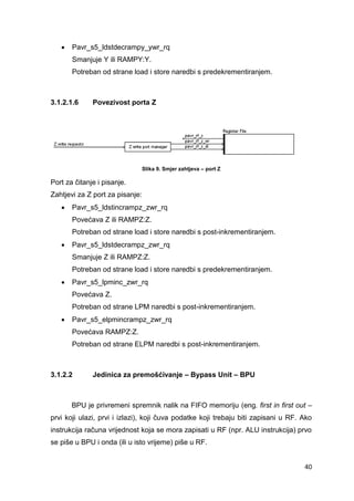 40
 Pavr_s5_ldstdecrampy_ywr_rq
Smanjuje Y ili RAMPY:Y.
Potreban od strane load i store naredbi s predekrementiranjem.
3.1.2.1.6 Povezivost porta Z
Slika 9. Smjer zahtjeva – port Z
Port za čitanje i pisanje.
Zahtjevi za Z port za pisanje:
 Pavr_s5_ldstincrampz_zwr_rq
Povećava Z ili RAMPZ:Z.
Potreban od strane load i store naredbi s post-inkrementiranjem.
 Pavr_s5_ldstdecrampz_zwr_rq
Smanjuje Z ili RAMPZ:Z.
Potreban od strane load i store naredbi s predekrementiranjem.
 Pavr_s5_lpminc_zwr_rq
Povećava Z.
Potreban od strane LPM naredbi s post-inkrementiranjem.
 Pavr_s5_elpmincrampz_zwr_rq
Povećava RAMPZ:Z.
Potreban od strane ELPM naredbi s post-inkrementiranjem.
3.1.2.2 Jedinica za premošćivanje – Bypass Unit – BPU
BPU je privremeni spremnik nalik na FIFO memoriju (eng. first in first out –
prvi koji ulazi, prvi i izlazi), koji čuva podatke koji trebaju biti zapisani u RF. Ako
instrukcija računa vrijednost koja se mora zapisati u RF (npr. ALU instrukcija) prvo
se piše u BPU i onda (ili u isto vrijeme) piše u RF.
 