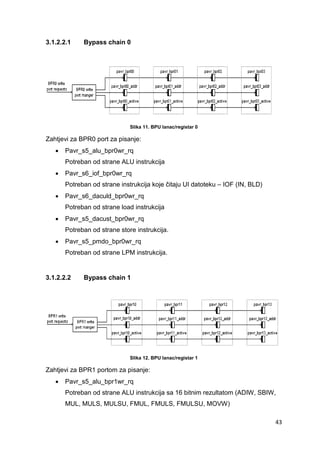 43
3.1.2.2.1 Bypass chain 0
Slika 11. BPU lanac/registar 0
Zahtjevi za BPR0 port za pisanje:
 Pavr_s5_alu_bpr0wr_rq
Potreban od strane ALU instrukcija
 Pavr_s6_iof_bpr0wr_rq
Potreban od strane instrukcija koje čitaju UI datoteku – IOF (IN, BLD)
 Pavr_s6_daculd_bpr0wr_rq
Potreban od strane load instrukcija
 Pavr_s5_dacust_bpr0wr_rq
Potreban od strane store instrukcija.
 Pavr_s5_pmdo_bpr0wr_rq
Potreban od strane LPM instrukcija.
3.1.2.2.2 Bypass chain 1
Slika 12. BPU lanac/registar 1
Zahtjevi za BPR1 portom za pisanje:
 Pavr_s5_alu_bpr1wr_rq
Potreban od strane ALU instrukcija sa 16 bitnim rezultatom (ADIW, SBIW,
MUL, MULS, MULSU, FMUL, FMULS, FMULSU, MOVW)
 