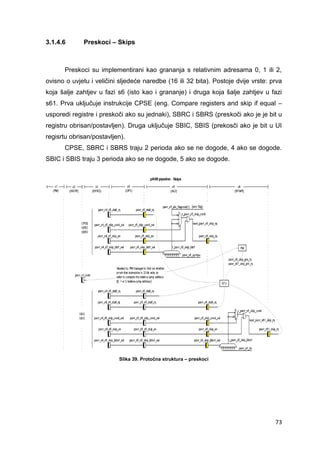 73
3.1.4.6 Preskoci – Skips
Preskoci su implementirani kao grananja s relativnim adresama 0, 1 ili 2,
ovisno o uvjetu i veličini sljedeće naredbe (16 ili 32 bita). Postoje dvije vrste: prva
koja šalje zahtjev u fazi s6 (isto kao i grananje) i druga koja šalje zahtjev u fazi
s61. Prva uključuje instrukcije CPSE (eng. Compare registers and skip if equal –
usporedi registre i preskoči ako su jednaki), SBRC i SBRS (preskoči ako je je bit u
registru obrisan/postavljen). Druga uključuje SBIC, SBIS (prekosči ako je bit u UI
regisrtu obrisan/postavljen).
CPSE, SBRC i SBRS traju 2 perioda ako se ne dogode, 4 ako se dogode.
SBIC i SBIS traju 3 perioda ako se ne dogode, 5 ako se dogode.
Slika 39. Protočna struktura – preskoci
 